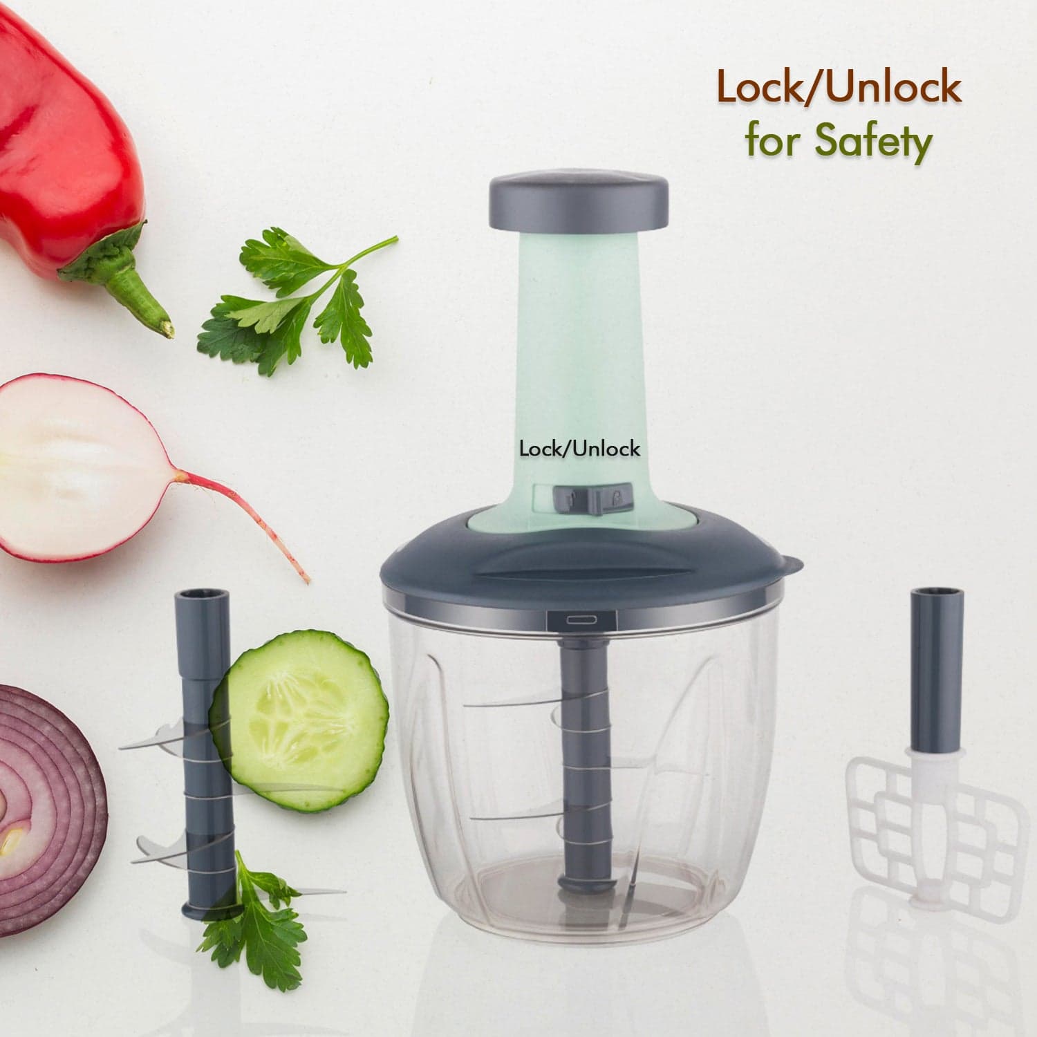 1100 ml 2 in 1 Push up Chopper with affixed with 6 Sharp Blade | Vegetable and Fruit Cutter with Easy Push and chop Button thumbnail 3