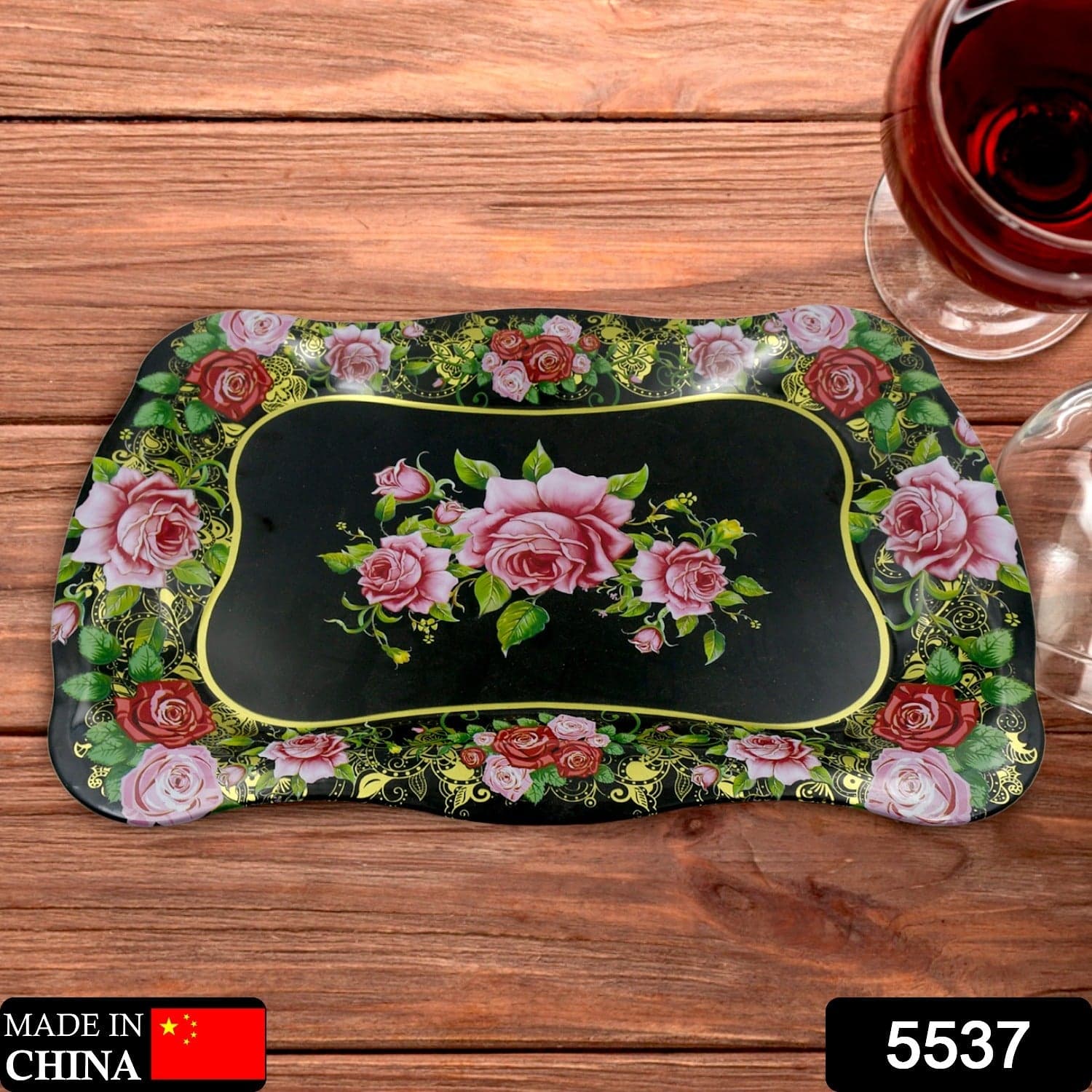 Stainless Steel Serving Tray With Flower Printed Rectangle Premium Dining Table Plate (18 x 8.5 Inch / 1 Pc) thumbnail 2