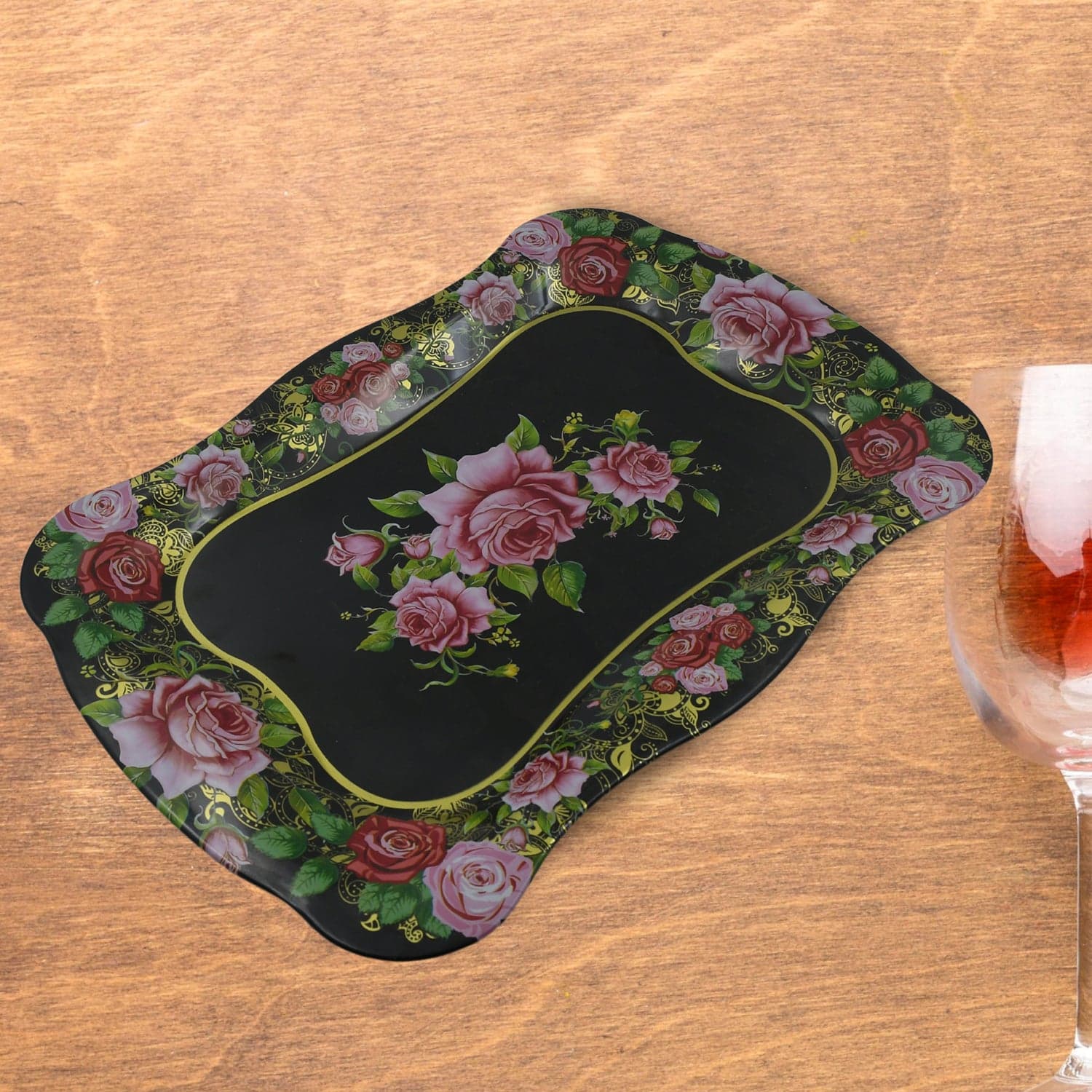 Stainless Steel Serving Tray With Flower Printed Rectangle Premium Dining Table Plate (18 x 8.5 Inch / 1 Pc) thumbnail 4