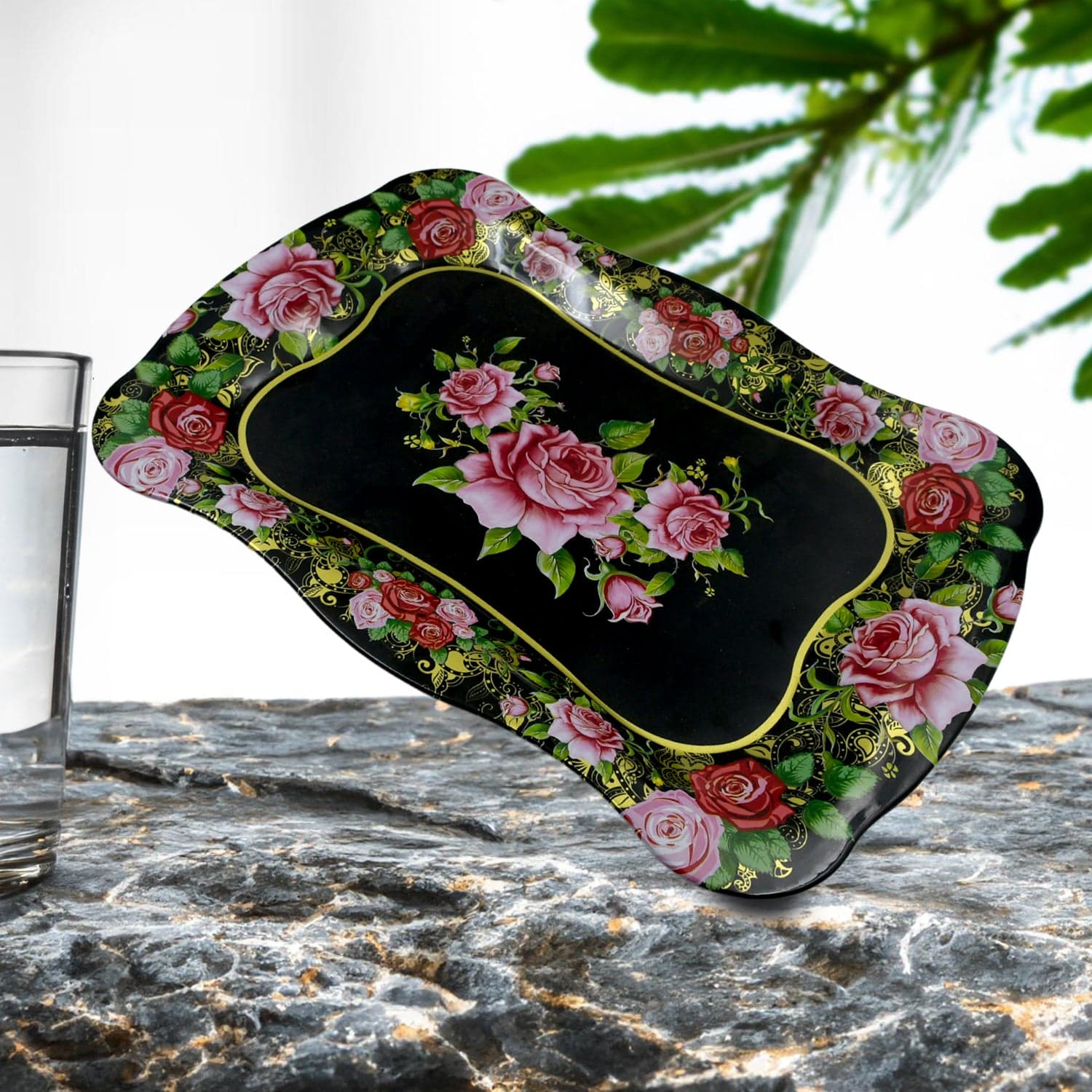 Stainless Steel Serving Tray With Flower Printed Rectangle Premium Dining Table Plate (18 x 8.5 Inch / 1 Pc) thumbnail 6