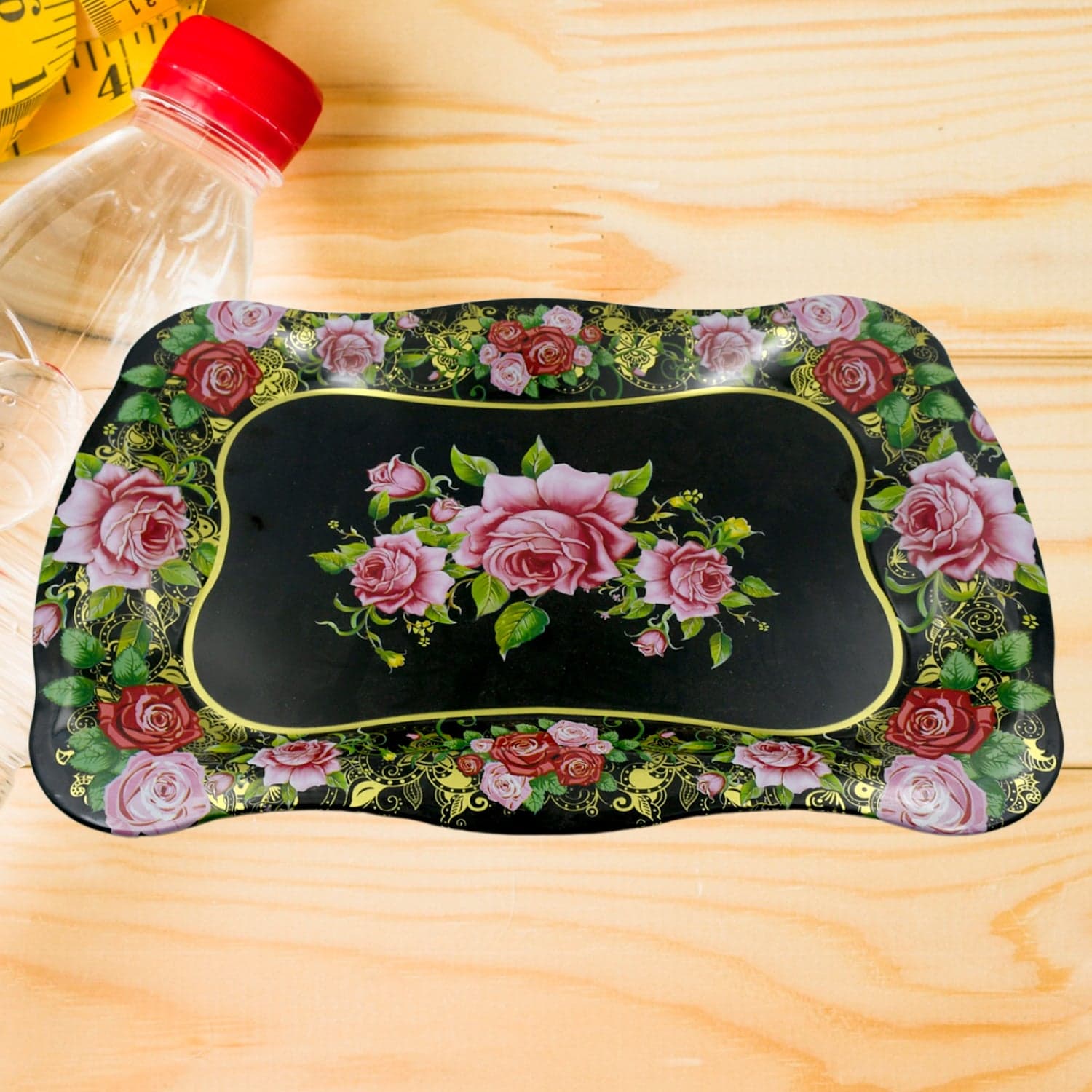 Stainless Steel Serving Tray With Flower Printed Rectangle Premium Dining Table Plate (18 x 8.5 Inch / 1 Pc) thumbnail 7