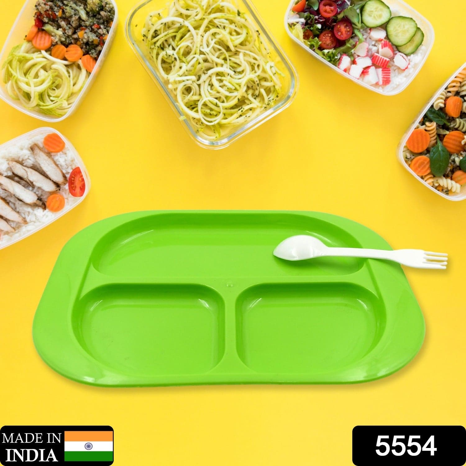 Plastic Food Plates / Biodegradable 3 Compartment Square Plate With Spoon For Food Snacks / Nuts / Desserts Plates For Kids thumbnail 1