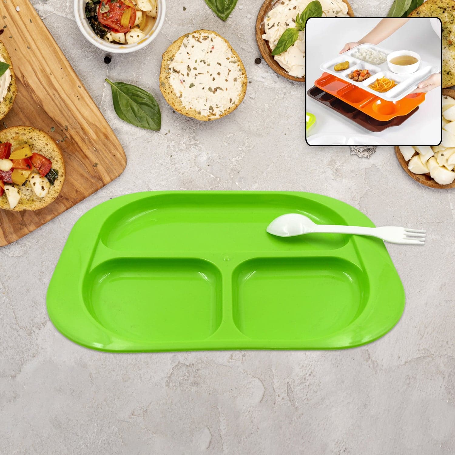 Plastic Food Plates / Biodegradable 3 Compartment Square Plate With Spoon For Food Snacks / Nuts / Desserts Plates For Kids thumbnail 5
