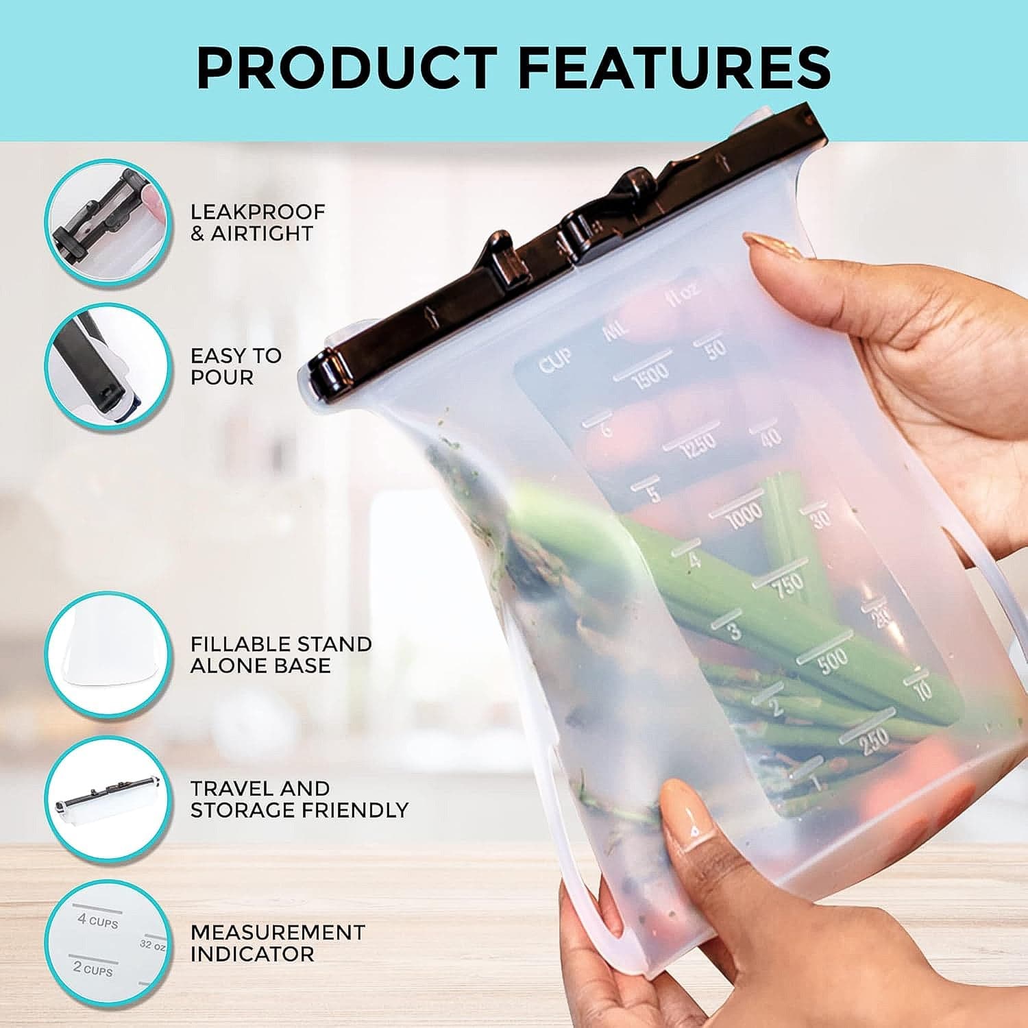 Reusable Silicone Food Storage Bag Of Leakproof, Flat Bottom, Freezer & Microwave Safe, Bpa-Free Snack & Sandwich Bag (1 Pc) thumbnail 9