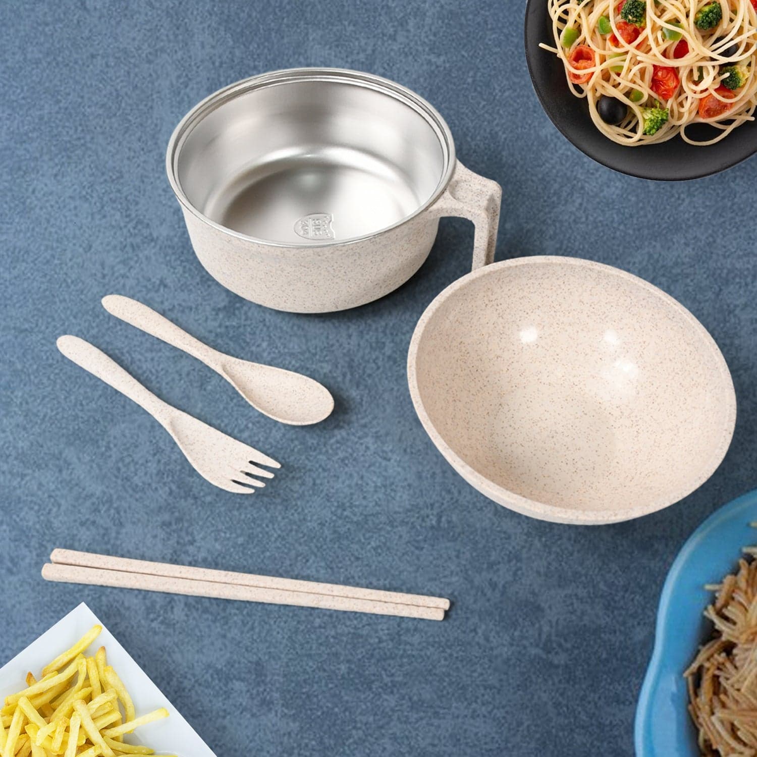 Rice Bowl Noodle Set of 6 Pcs with Lid, Handle & Cutlery thumbnail 4