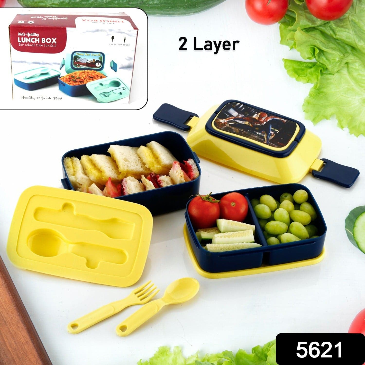 5621 Double Layer Lunch Box Stylish Lid Lunch Box With Fork & Spoon Lunch Box For Children School Lunch Box  thumbnail 2