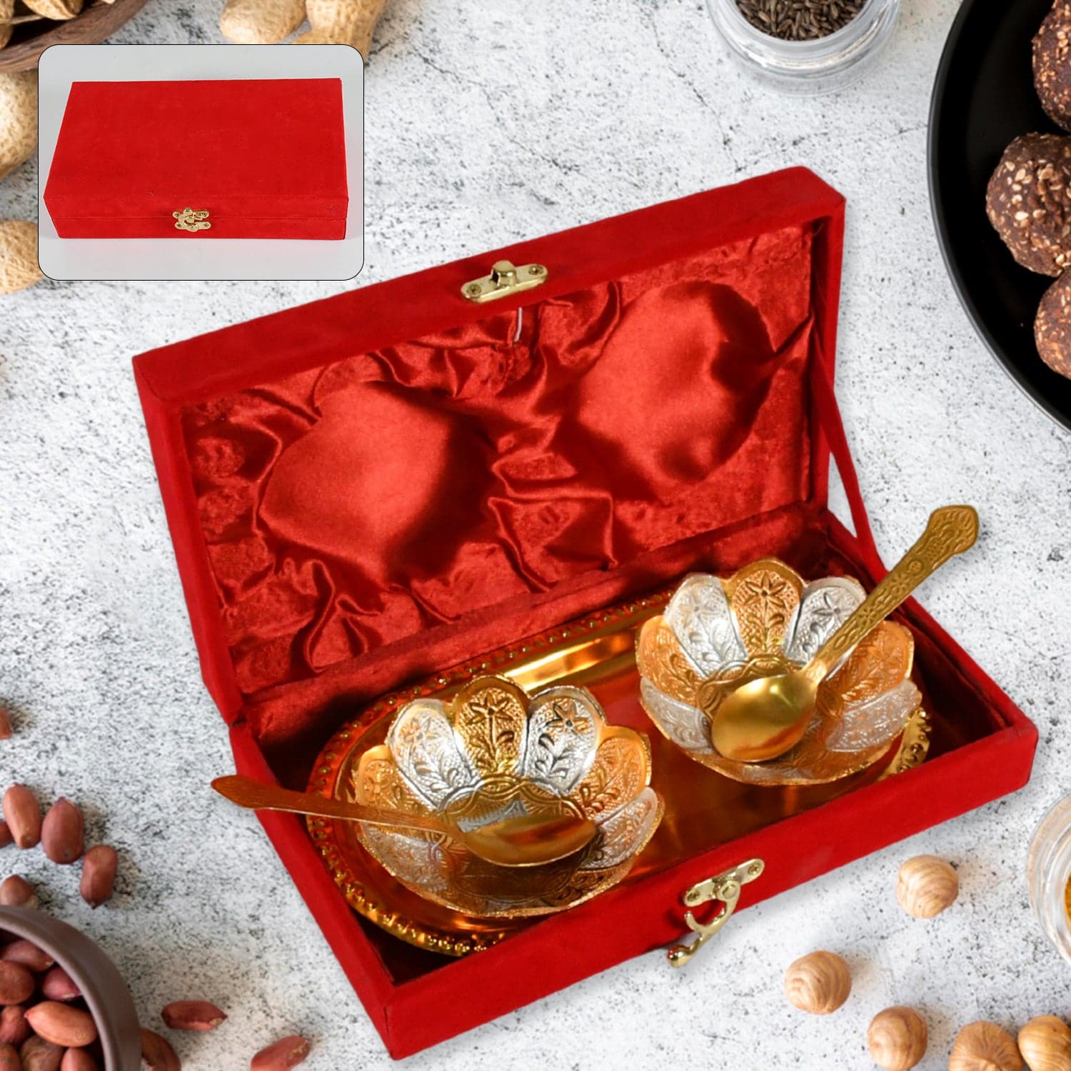 5in1 Gold Silver Plated 2 Bowl 2 Spoon Tray Set Brass with Red Velvet Gift Box Serving Dry Fruits Desserts Gift thumbnail 1
