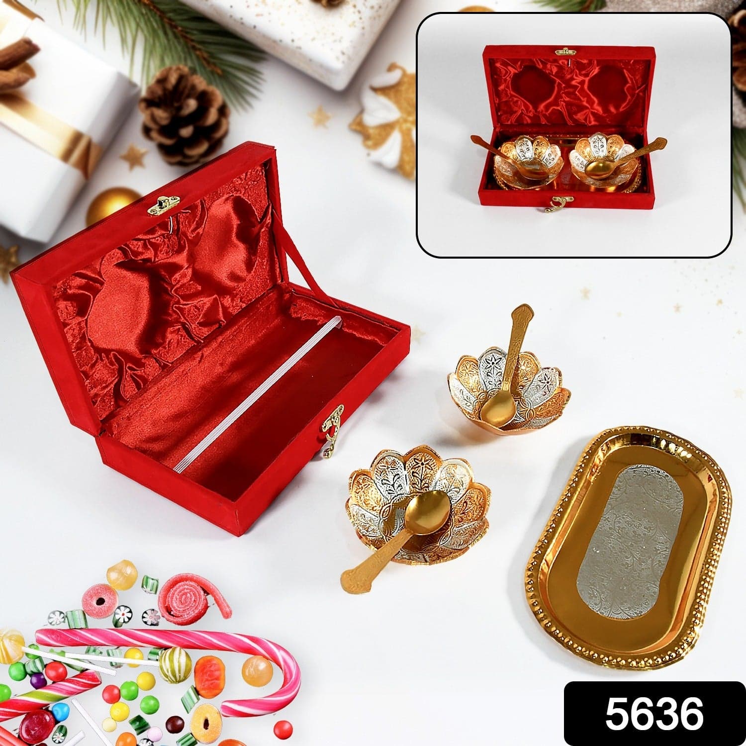 5in1 Gold Silver Plated 2 Bowl 2 Spoon Tray Set Brass with Red Velvet Gift Box Serving Dry Fruits Desserts Gift thumbnail 2