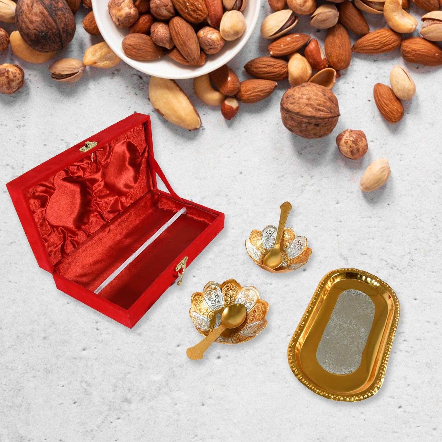 5in1 Gold Silver Plated 2 Bowl 2 Spoon Tray Set Brass with Red Velvet Gift Box Serving Dry Fruits Desserts Gift thumbnail 3