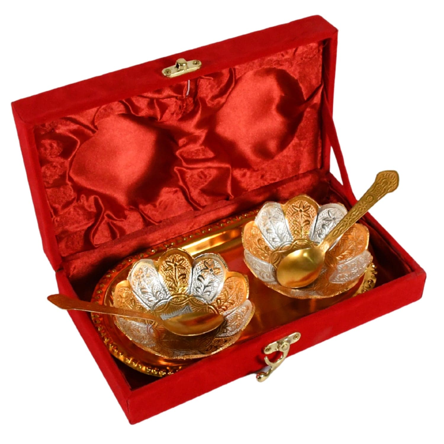5in1 Gold Silver Plated 2 Bowl 2 Spoon Tray Set Brass with Red Velvet Gift Box Serving Dry Fruits Desserts Gift thumbnail 4