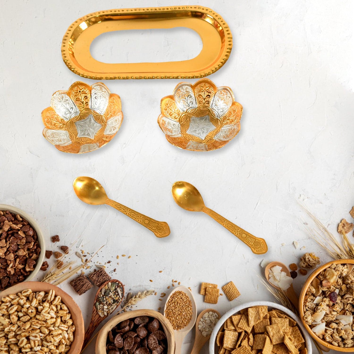 5in1 Gold Silver Plated 2 Bowl 2 Spoon Tray Set Brass with Red Velvet Gift Box Serving Dry Fruits Desserts Gift thumbnail 5
