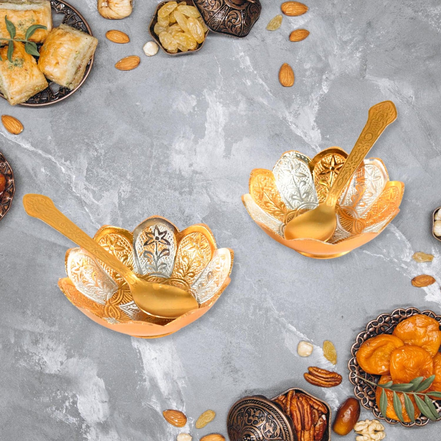 5in1 Gold Silver Plated 2 Bowl 2 Spoon Tray Set Brass with Red Velvet Gift Box Serving Dry Fruits Desserts Gift thumbnail 6