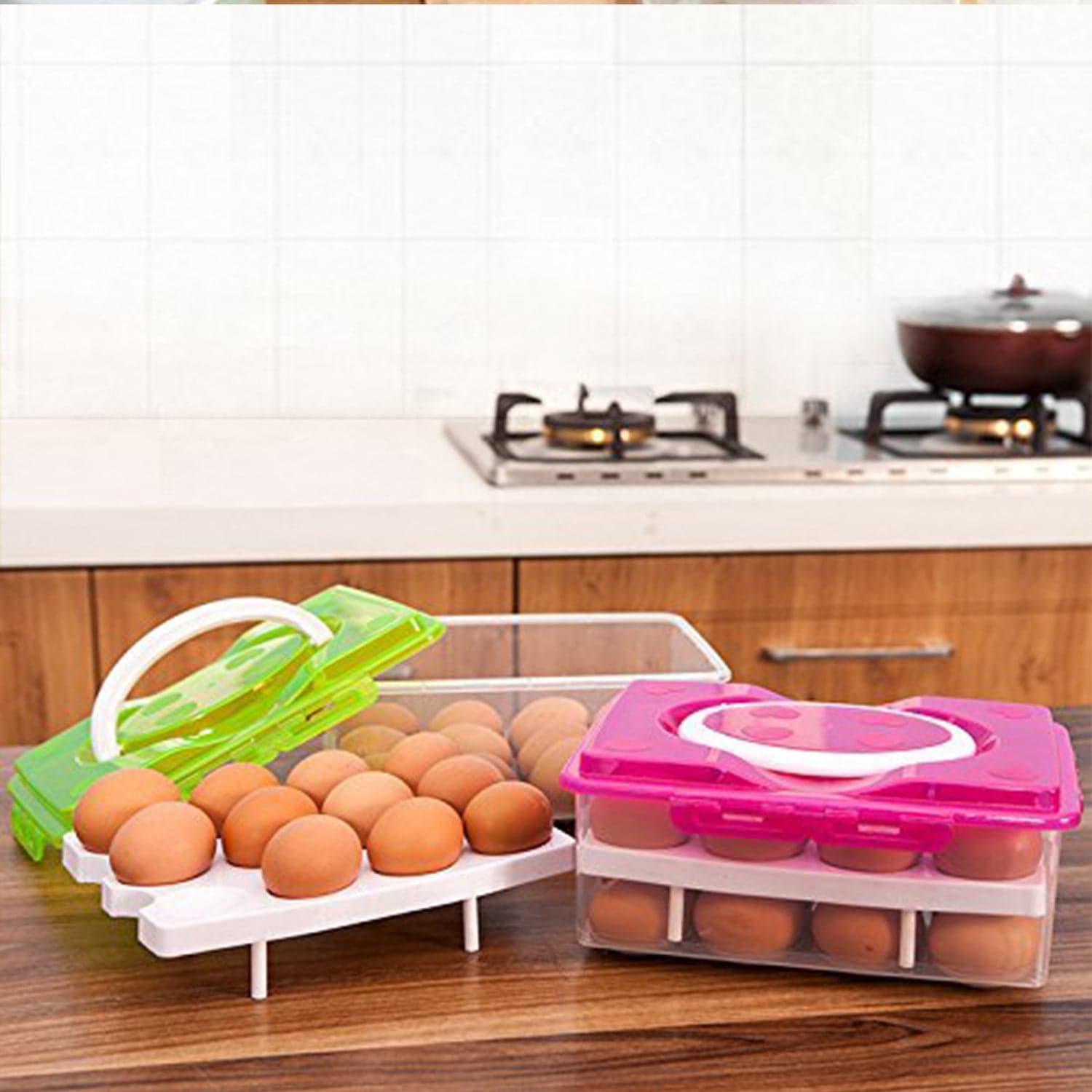 2Layer, 32 Grid Egg Tray With Lid Egg Carrier Holder For Refrigerator, Camping Food Storage Container With Handle (1 Pc ) thumbnail 3