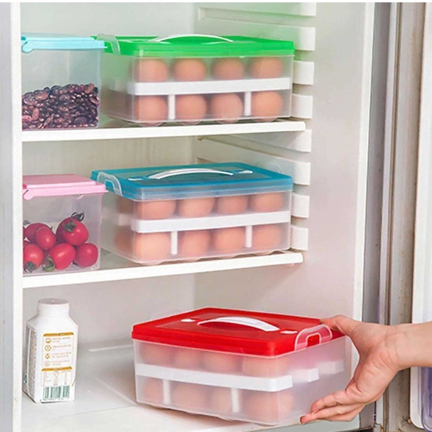 2Layer, 32 Grid Egg Tray With Lid Egg Carrier Holder For Refrigerator, Camping Food Storage Container With Handle (1 Pc ) thumbnail 6