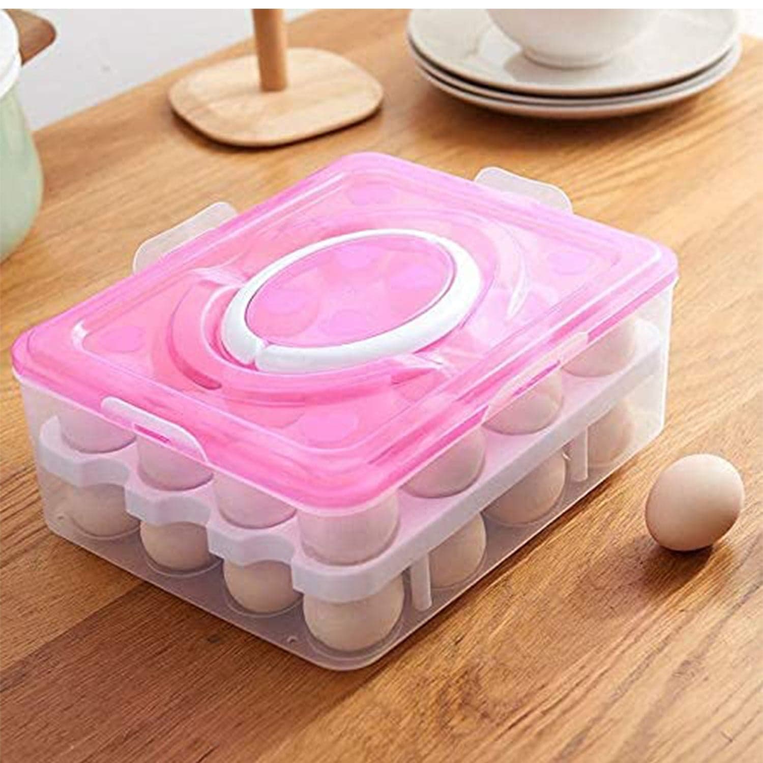 2Layer, 32 Grid Egg Tray With Lid Egg Carrier Holder For Refrigerator, Camping Food Storage Container With Handle (1 Pc ) thumbnail 7