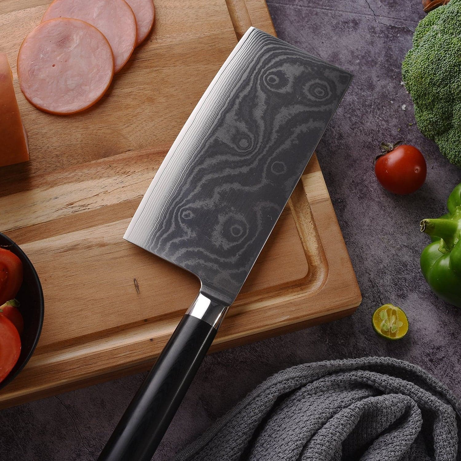 Stainless Steel Chef Damascus Cleaver Vegetable Knife With Plastic Handle & Cover thumbnail 1