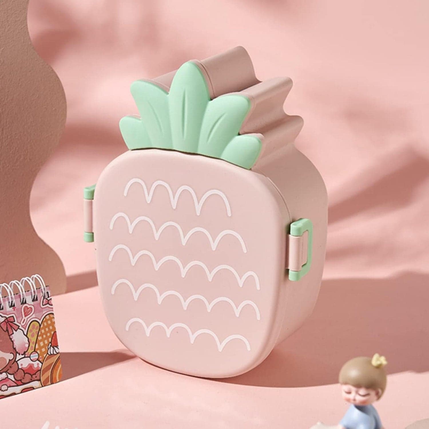 Kids Lunch Box Cute Pineapple Shaped Bento Box with Fork Spoon Snack Container Microwave Portable Office Lunch Box (1 Pc / With Spoon & Fork) thumbnail 3