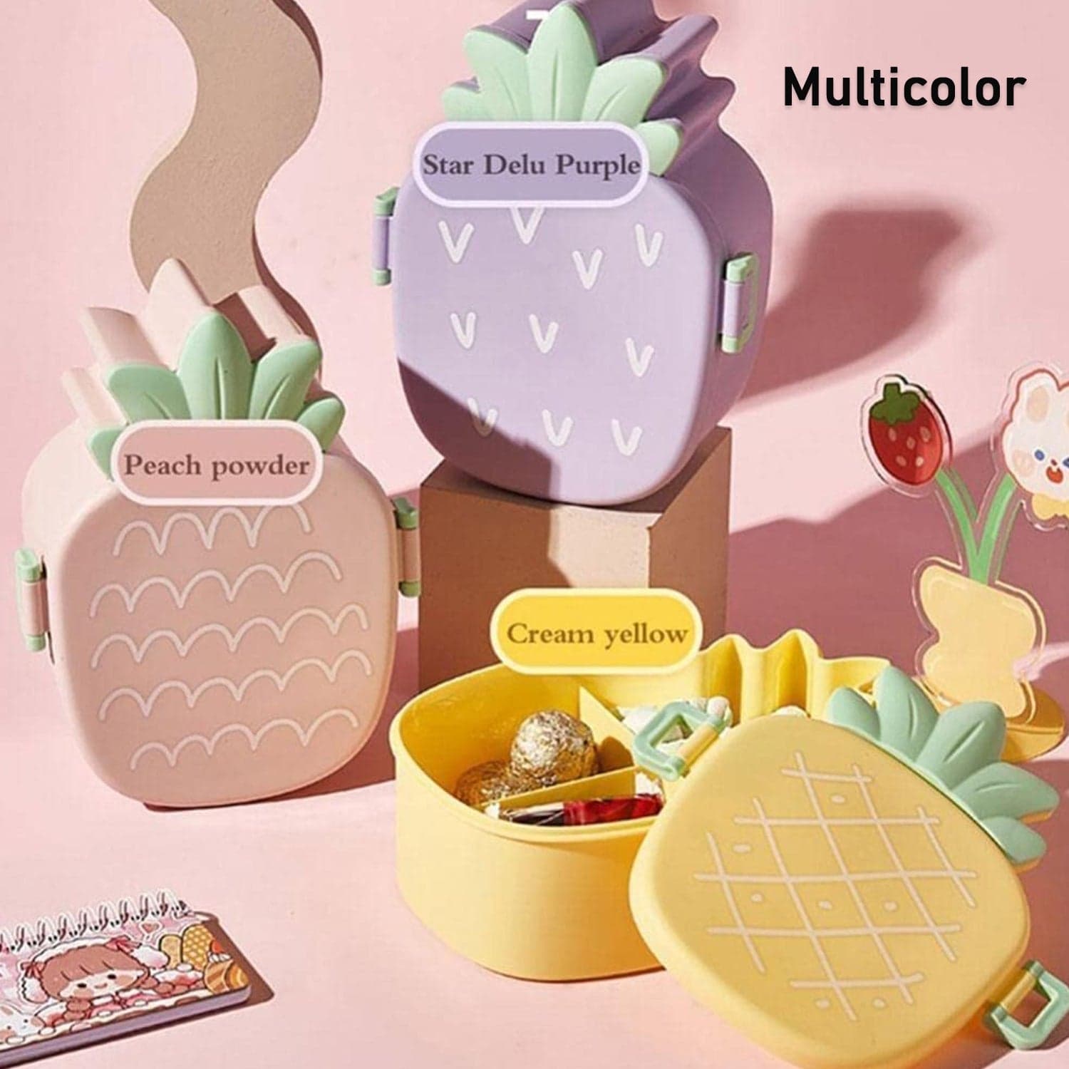 Kids Lunch Box Cute Pineapple Shaped Bento Box with Fork Spoon Snack Container Microwave Portable Office Lunch Box (1 Pc / With Spoon & Fork) thumbnail 9