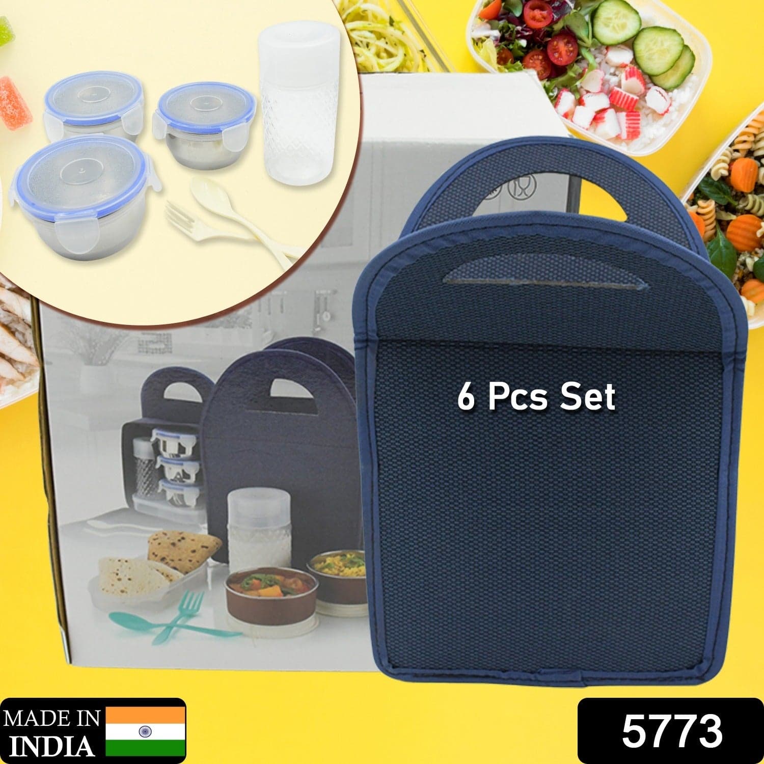 6In1 Tiffin Box-Lunch Box | 3 Stainless Steel Containers | Plastic Lid Box | Spoon & Fork /Plastic Bottle | Insulated Fabric Bag | Leak Proof | Microwave Safe For Office thumbnail 2