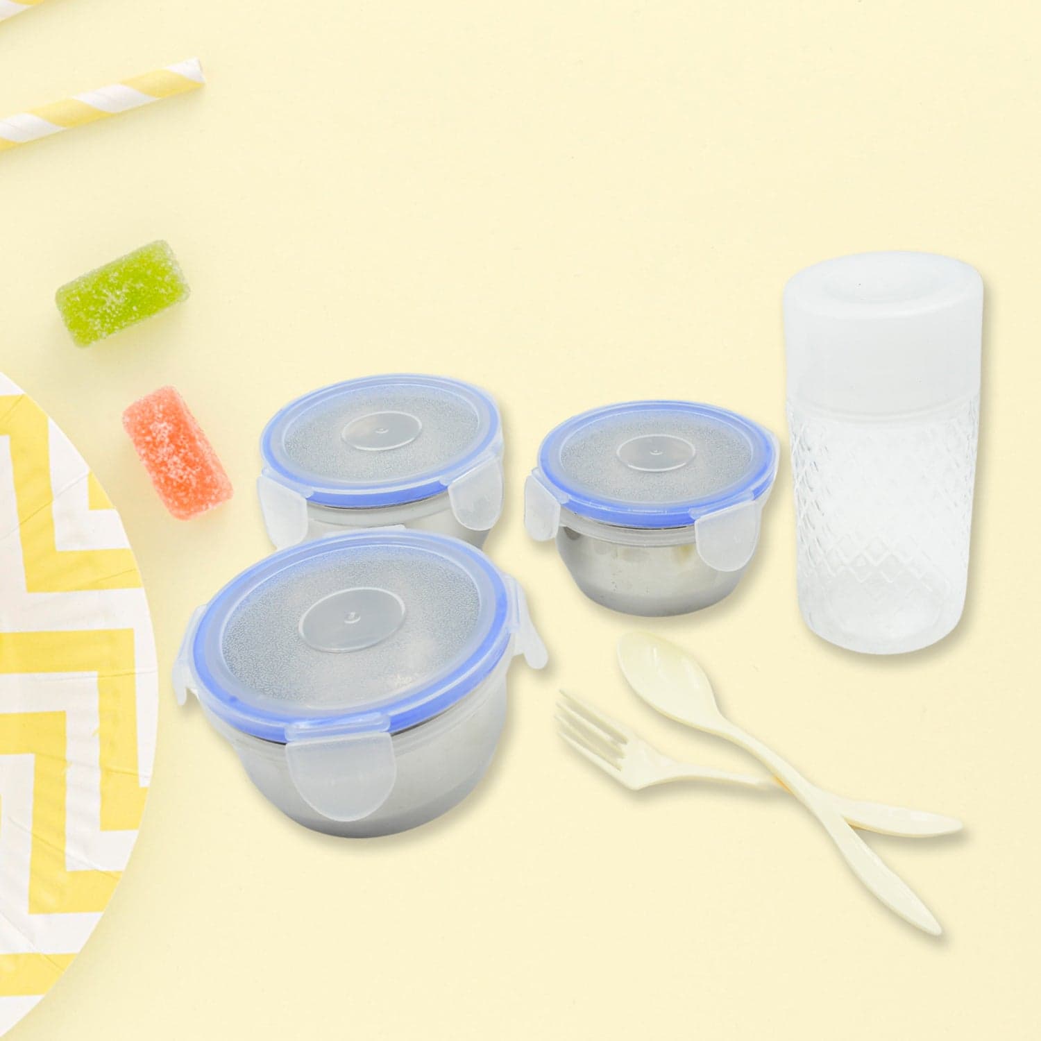 6In1 Tiffin Box-Lunch Box | 3 Stainless Steel Containers | Plastic Lid Box | Spoon & Fork /Plastic Bottle | Insulated Fabric Bag | Leak Proof | Microwave Safe For Office thumbnail 5