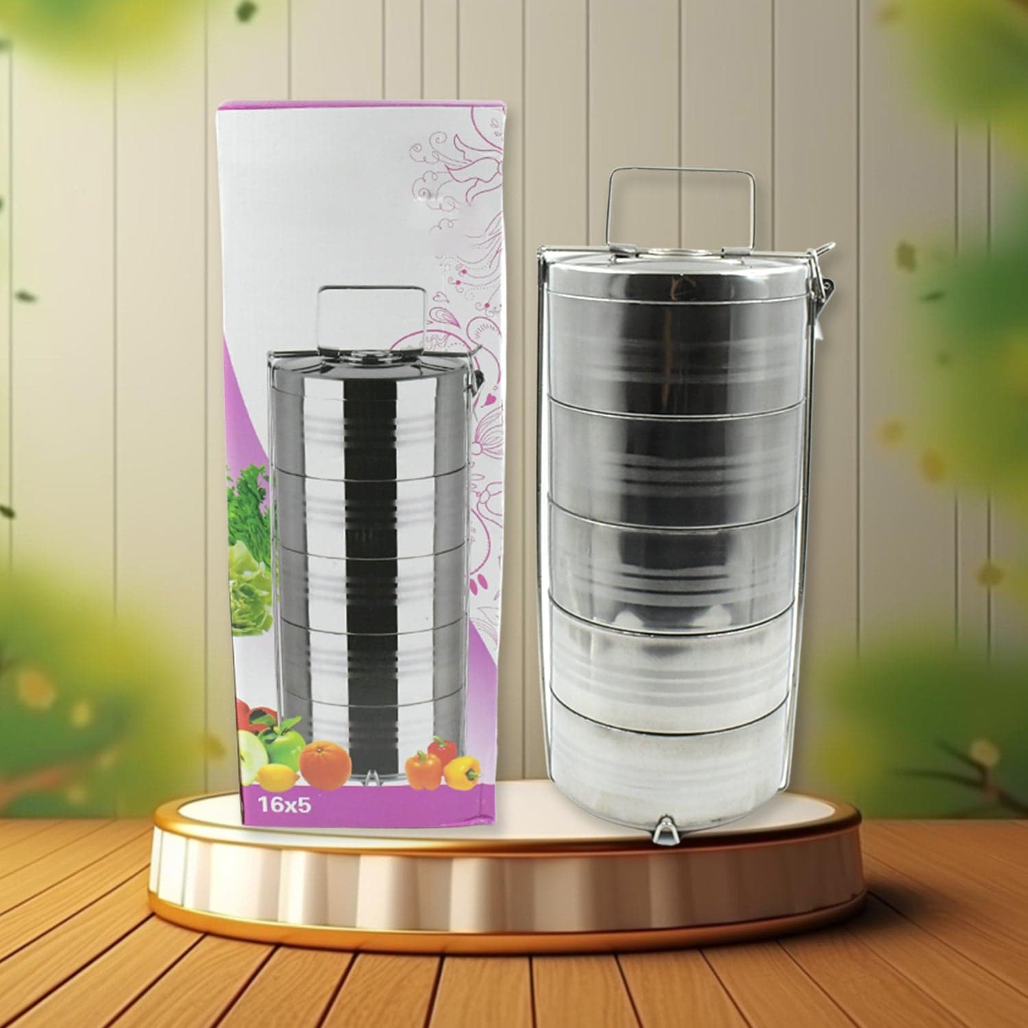 5 Compartment Lunch Box (Stainless Steel): Round Tiffin, Leakproof (16x5") thumbnail 1