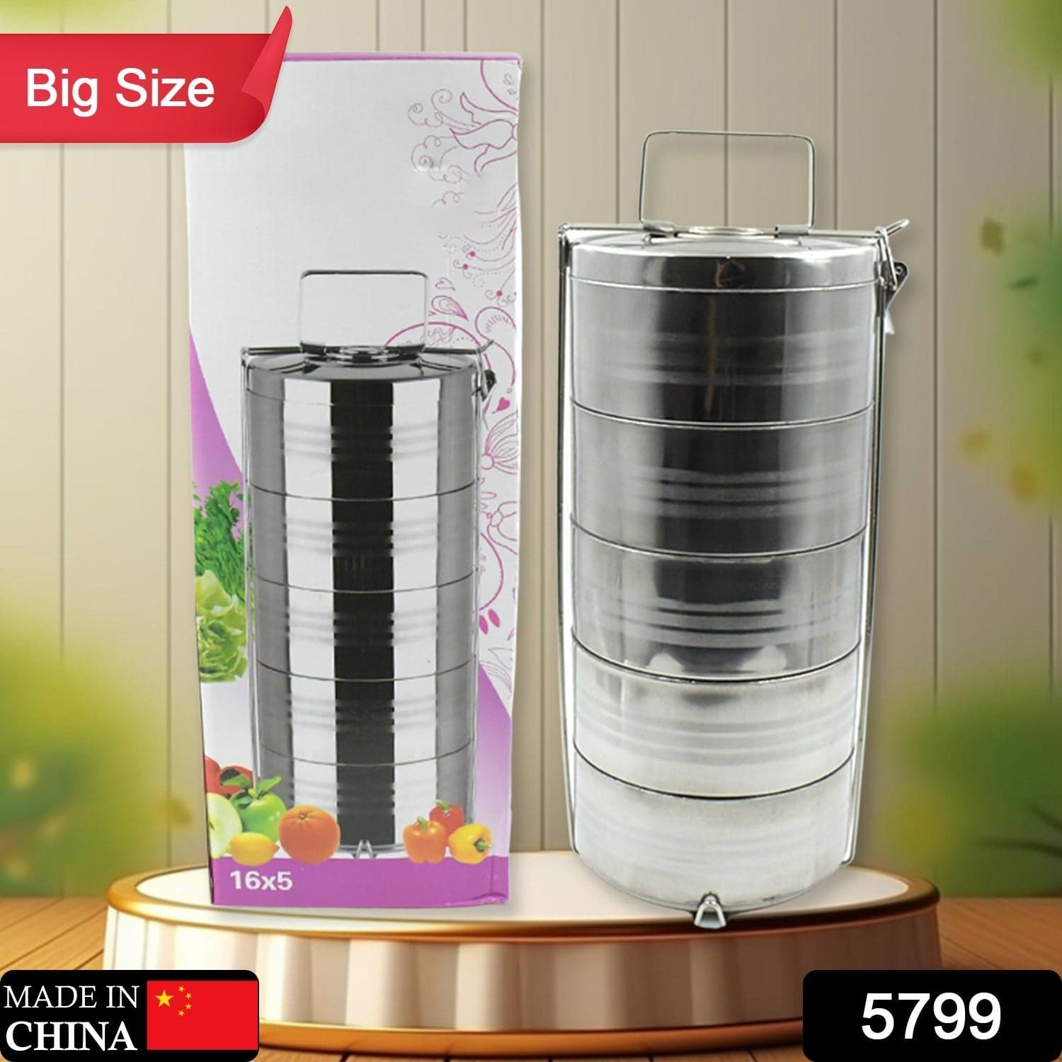 5 Compartment Lunch Box (Stainless Steel): Round Tiffin, Leakproof (16x5") thumbnail 2