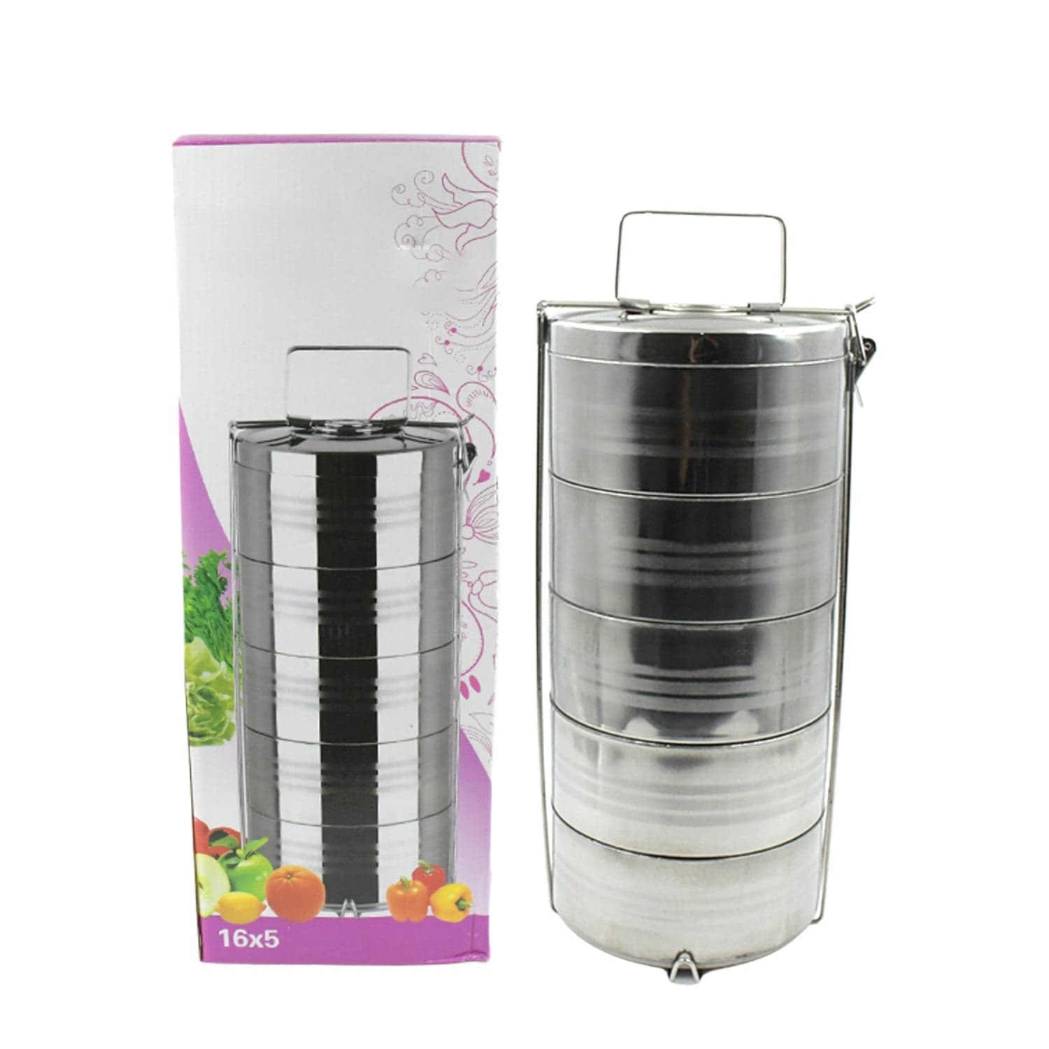5 Compartment Lunch Box (Stainless Steel): Round Tiffin, Leakproof (16x5") thumbnail 4