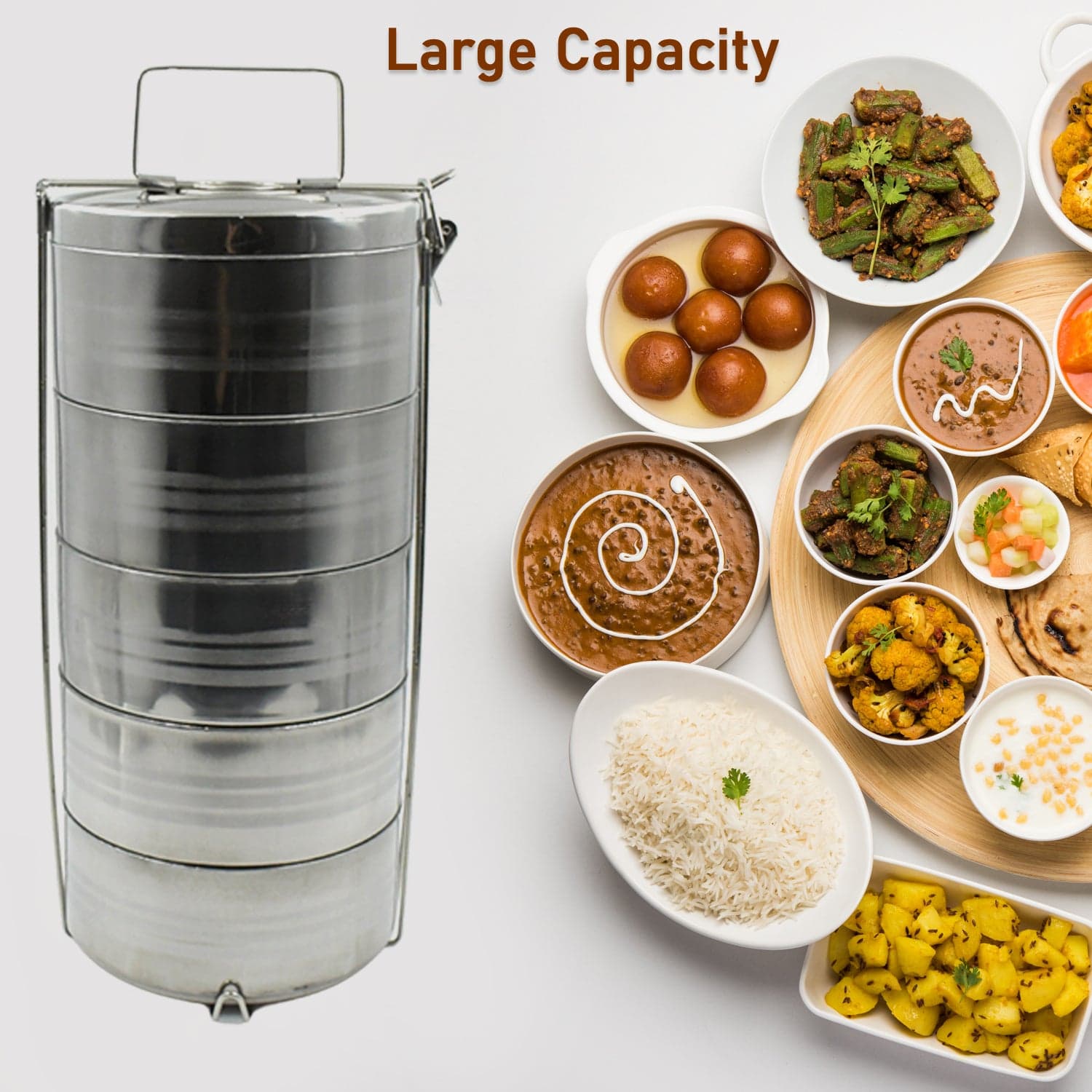 5 Compartment Lunch Box (Stainless Steel): Round Tiffin, Leakproof (16x5") thumbnail 5