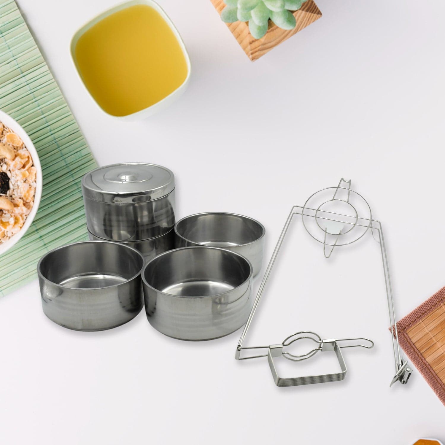 5 Compartment Lunch Box (Stainless Steel): Round Tiffin, Leakproof (16x5") thumbnail 6