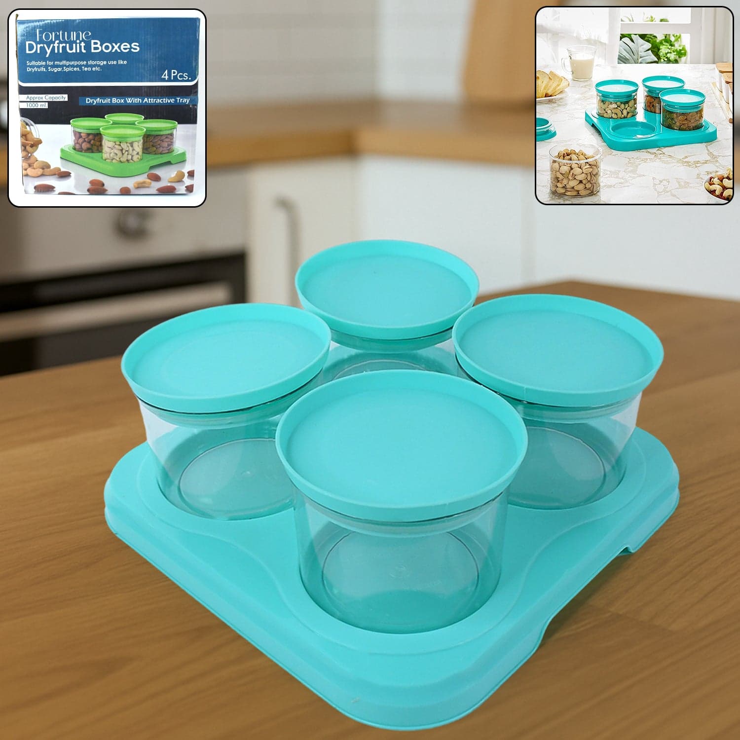 Airtight Container Jar 4 Pc Set With Stylish Tray for Kitchen Unbreakable Jar Set for Multipurpose Storage ( Mukhwas Dani ) thumbnail 1