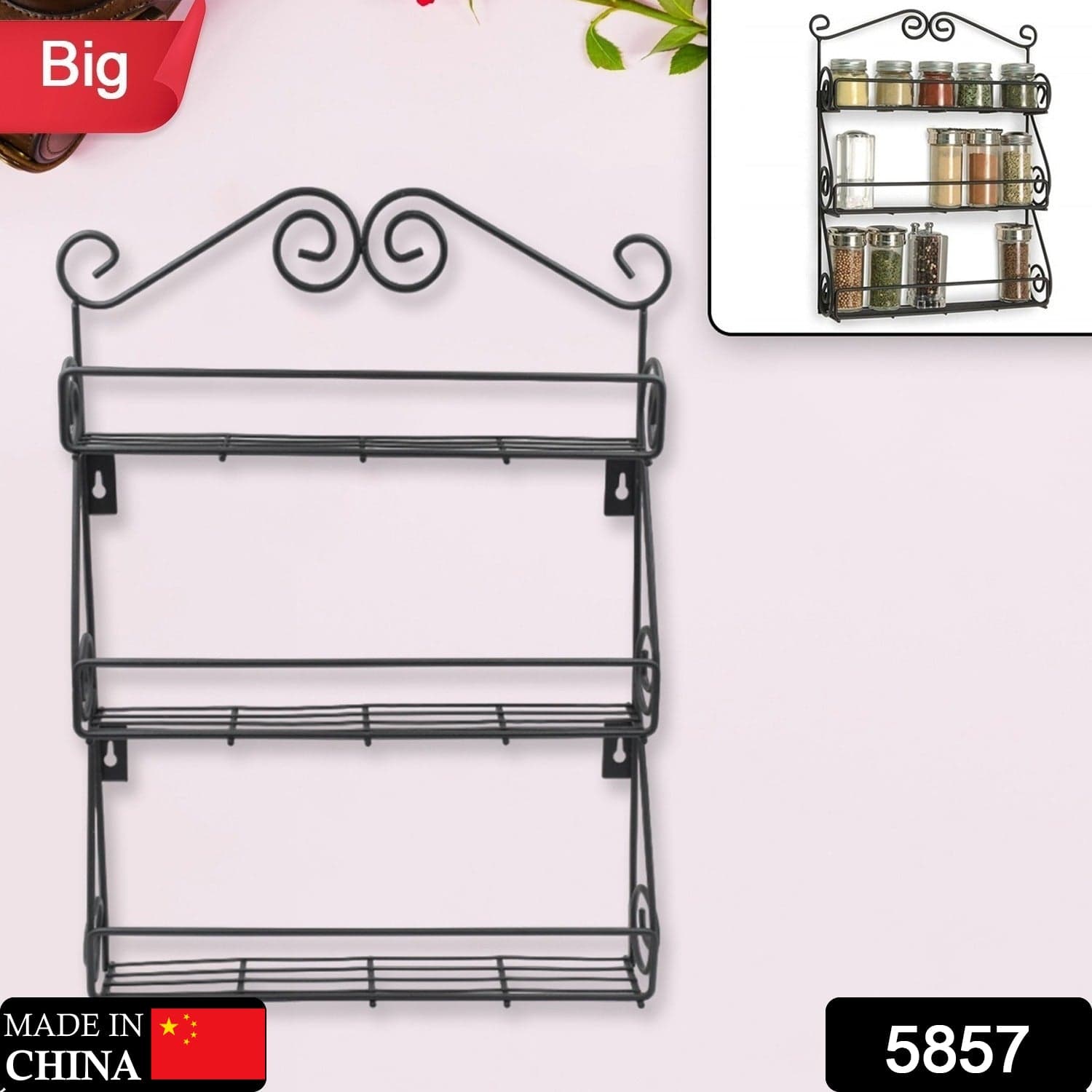Big Wall Mounted Iron Wall Shelf With 3 Storage Racks For Kitchen thumbnail 2
