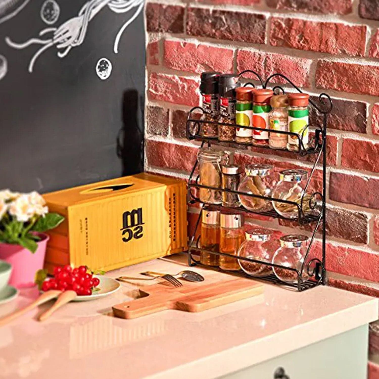 Big Wall Mounted Iron Wall Shelf With 3 Storage Racks For Kitchen thumbnail 5