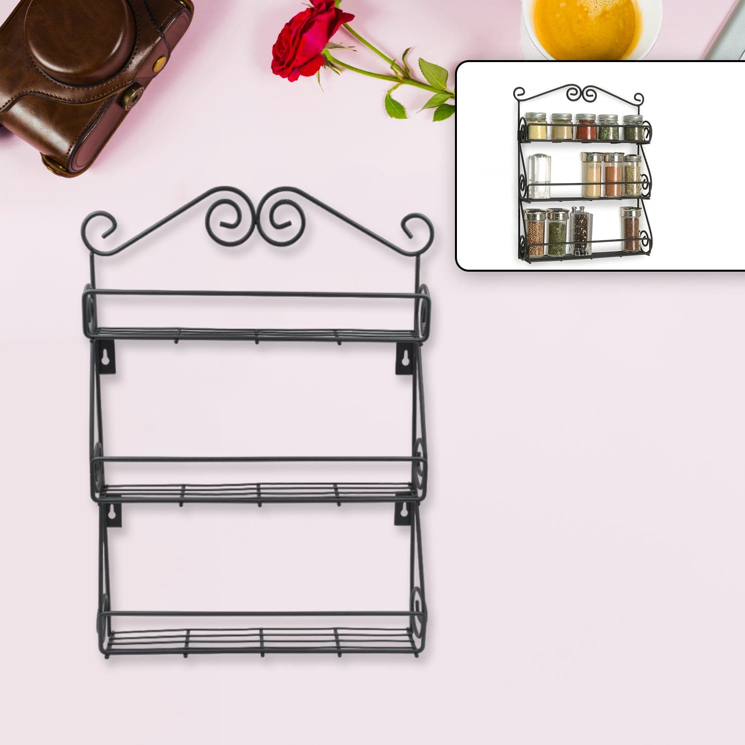 Big Wall Mounted Iron Wall Shelf With 3 Storage Racks For Kitchen thumbnail 6