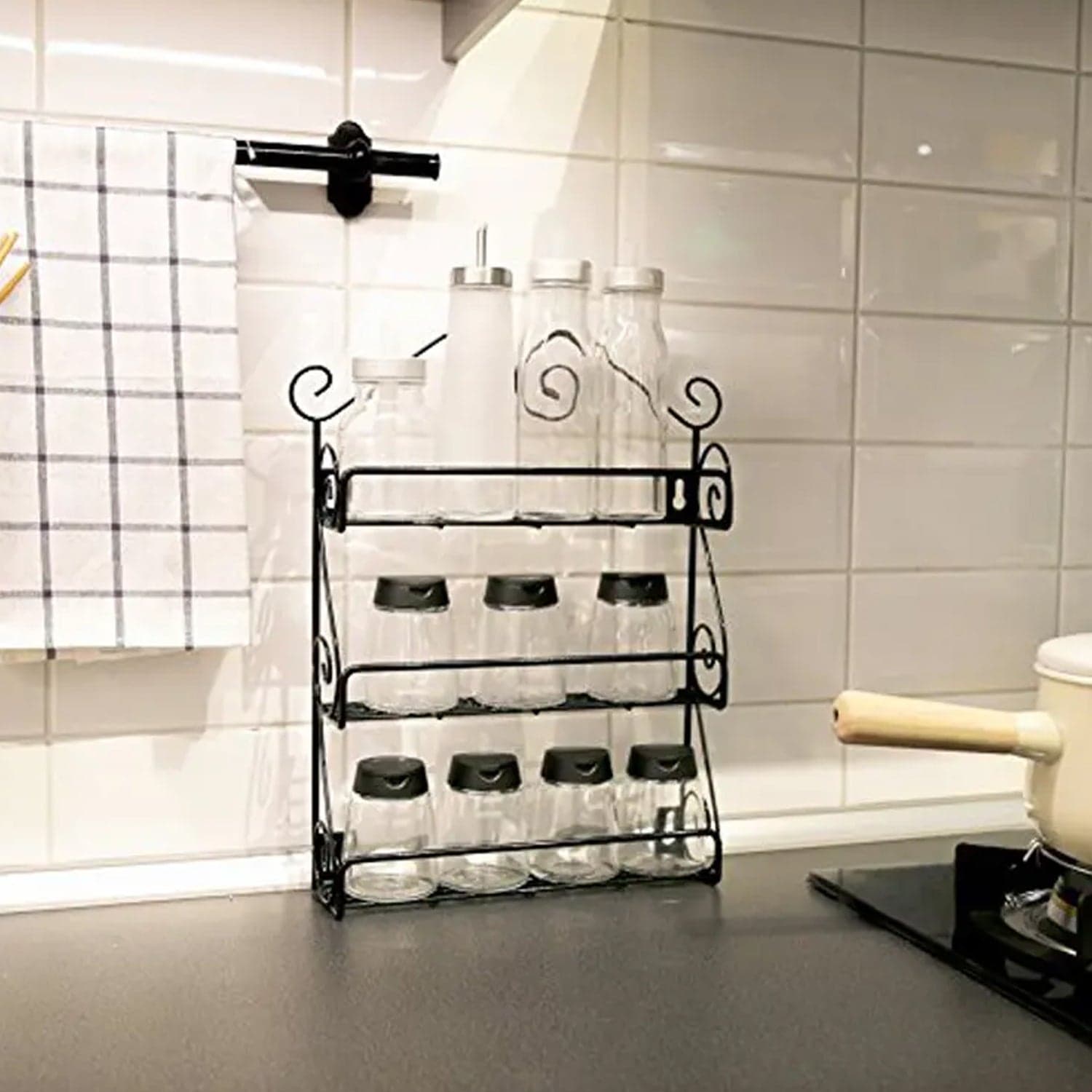 Big Wall Mounted Iron Wall Shelf With 3 Storage Racks For Kitchen thumbnail 7