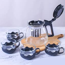Flame Proof Glass Kettle & Cup Set With Strainer High Quality Kettle Set For Home & Caf© Use  (4 Cup & 1 Kettle) (24 Pc MOQ)