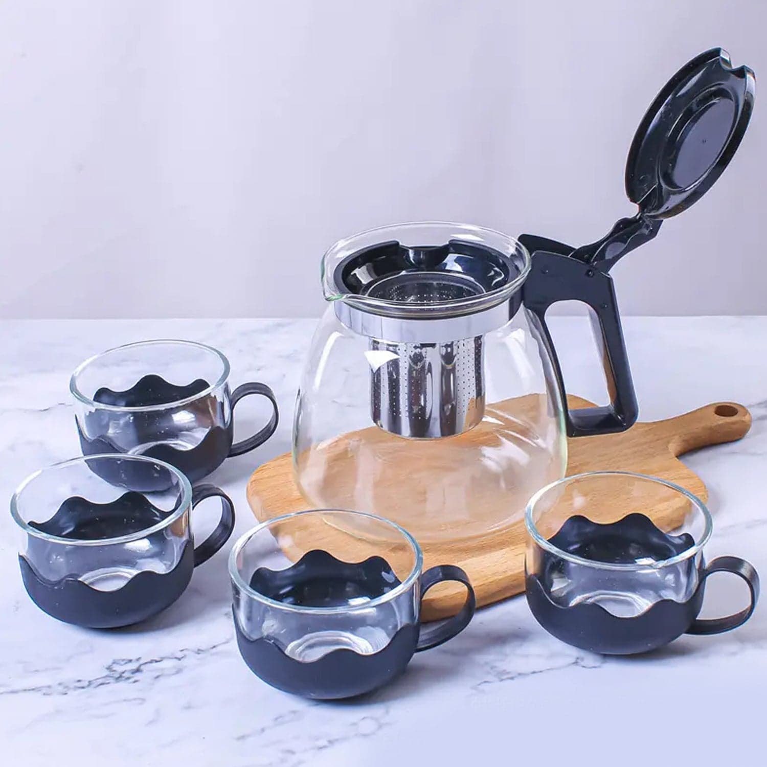 Flame Proof Glass Kettle & Cup Set With Strainer High Quality Kettle Set For Home & Caf© Use  (4 Cup & 1 Kettle) (24 Pc MOQ) thumbnail 1