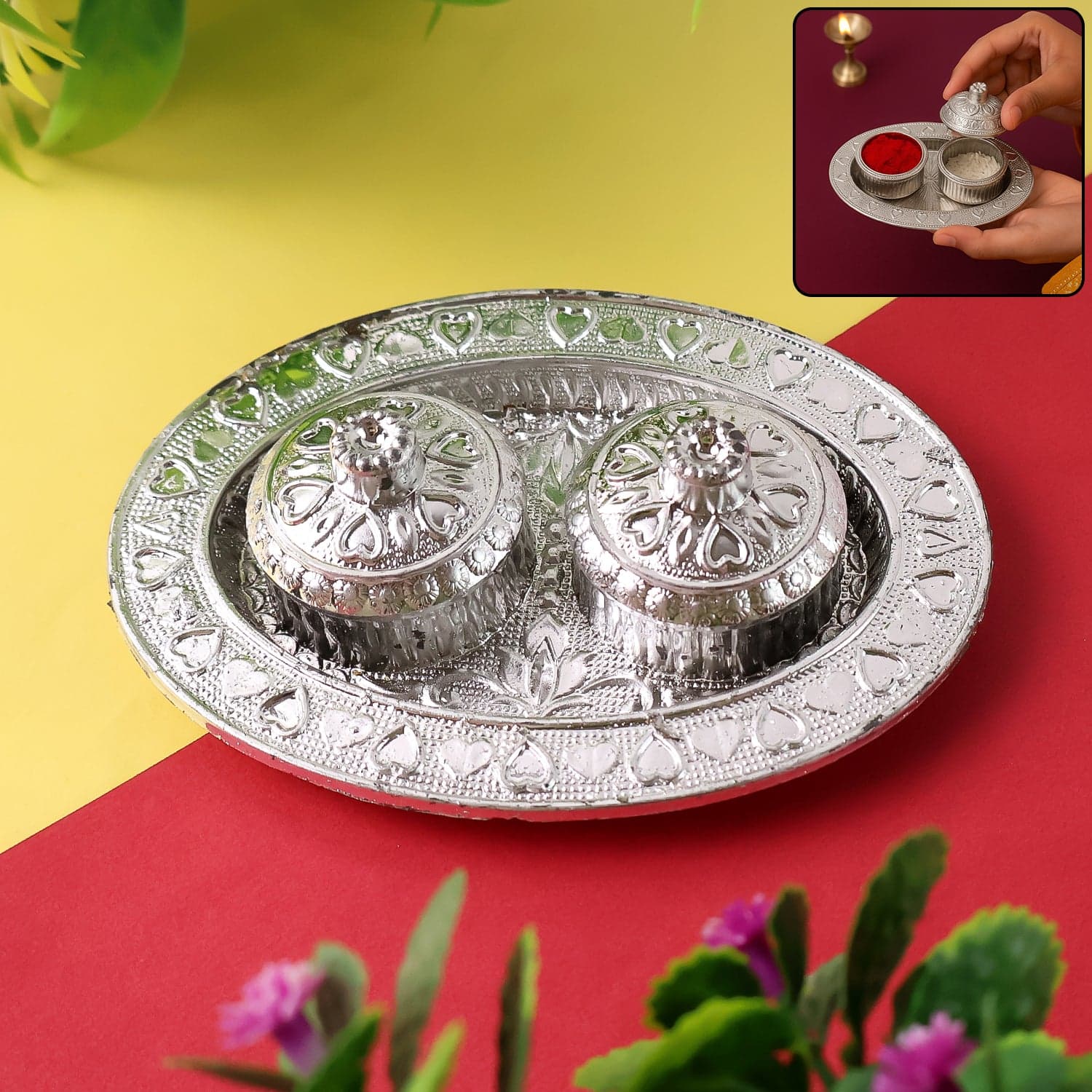 Oval Puja Thali with Kumkum Holders the Traditional & Durable Design thumbnail 1