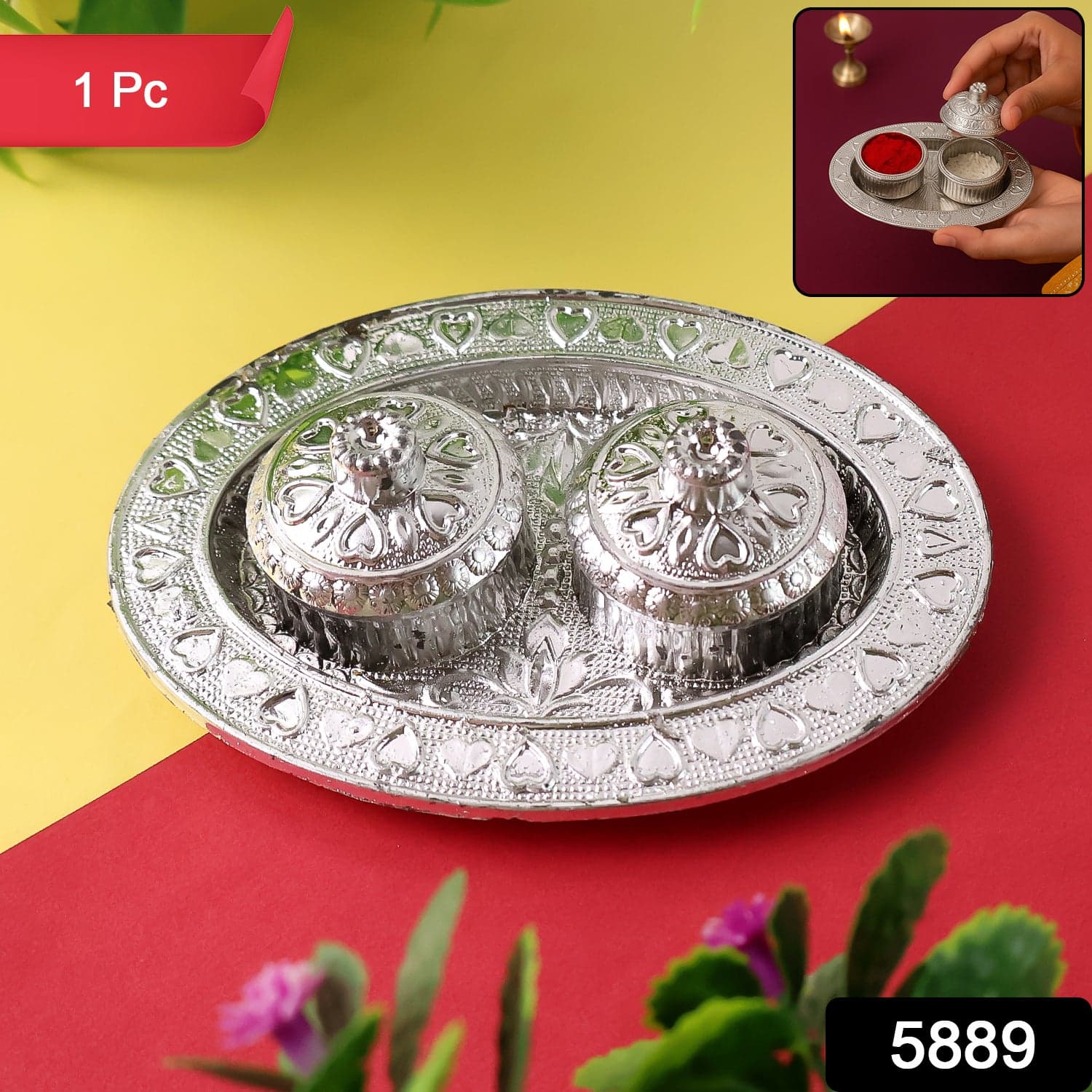 Oval Puja Thali with Kumkum Holders the Traditional & Durable Design thumbnail 2