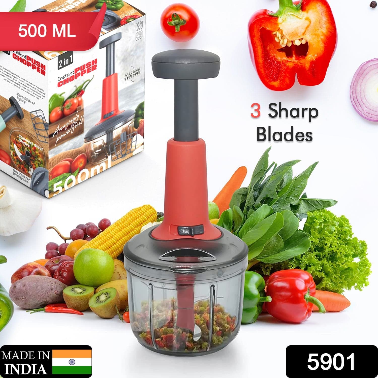 Matte Finish Hand Press Chopper with 3 Blades for Easy Vegetable & Fruit Chopping thumbnail 2