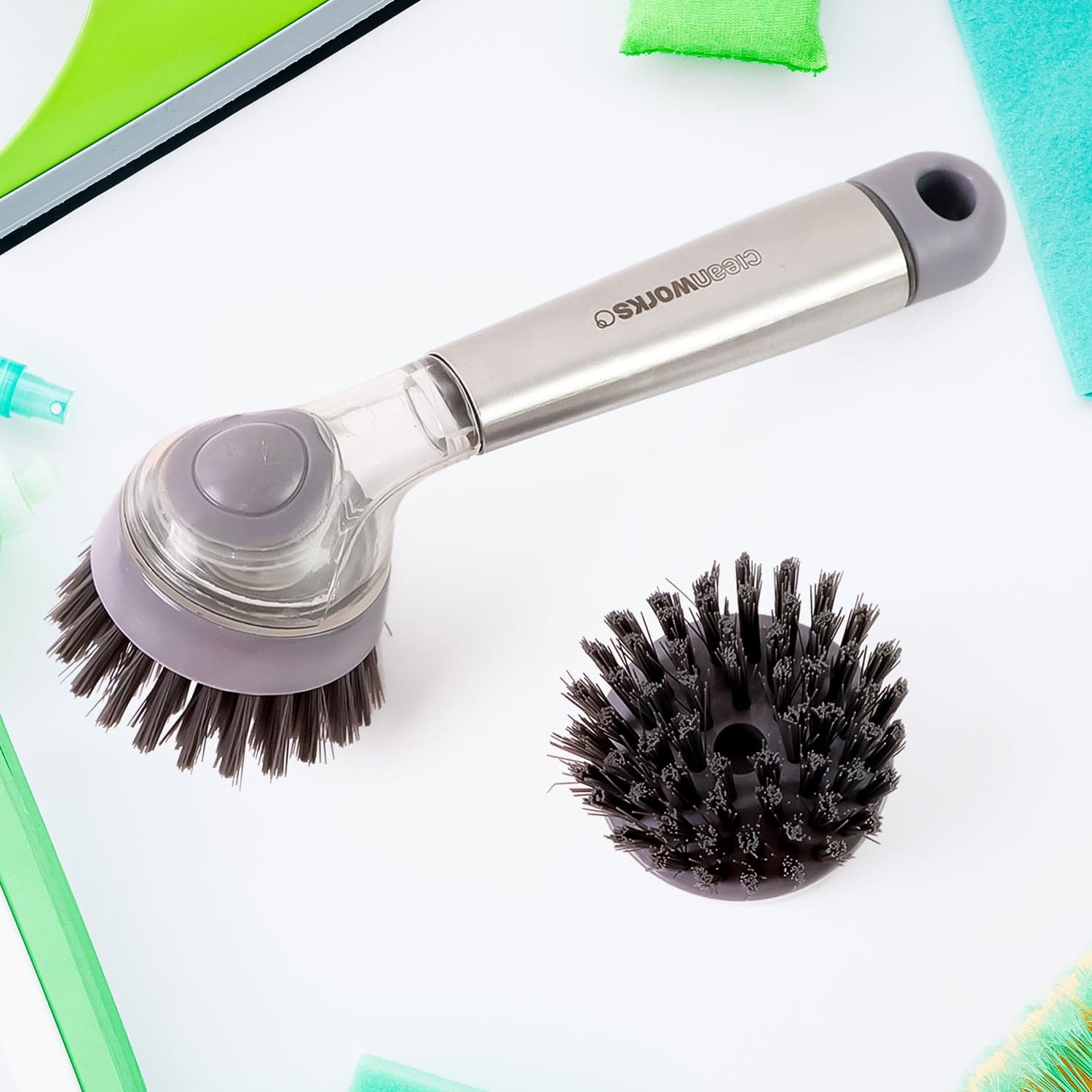 Cleaning Brushes Set, Scrub Brush Bathroom Brush, Long Handle Liquid Dispenser Pot Washing Brush thumbnail 1