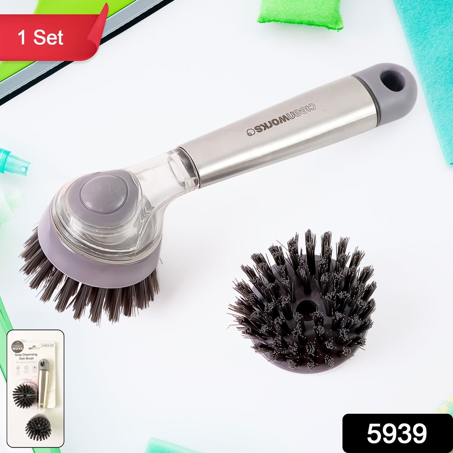 Cleaning Brushes Set, Scrub Brush Bathroom Brush, Long Handle Liquid Dispenser Pot Washing Brush thumbnail 2