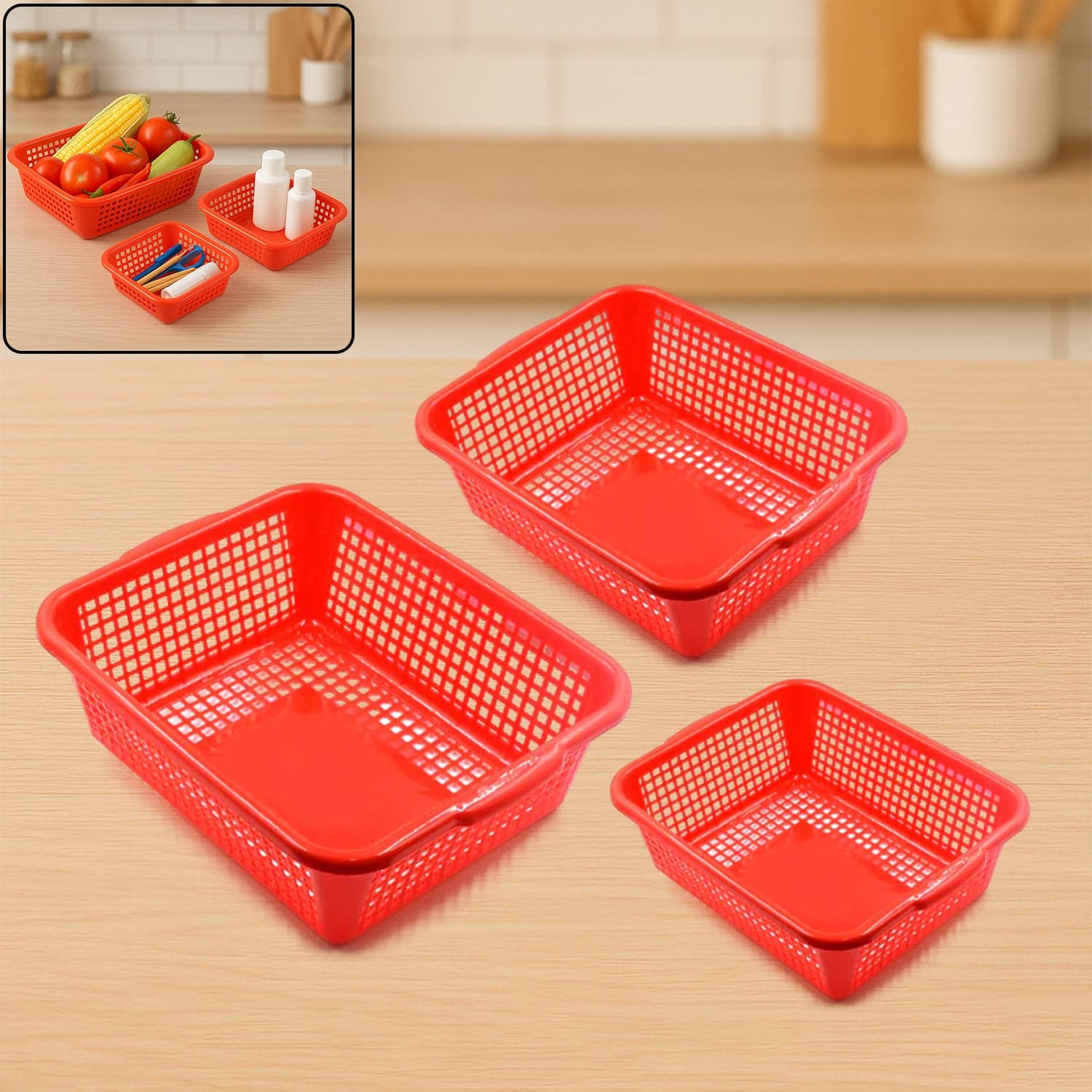 Plastic 3 Pieces Kitchen Large Size Dish Rack Drainer Vegetables and Fruits Washing Basket Dish Rack Multipurpose Organizers thumbnail 1