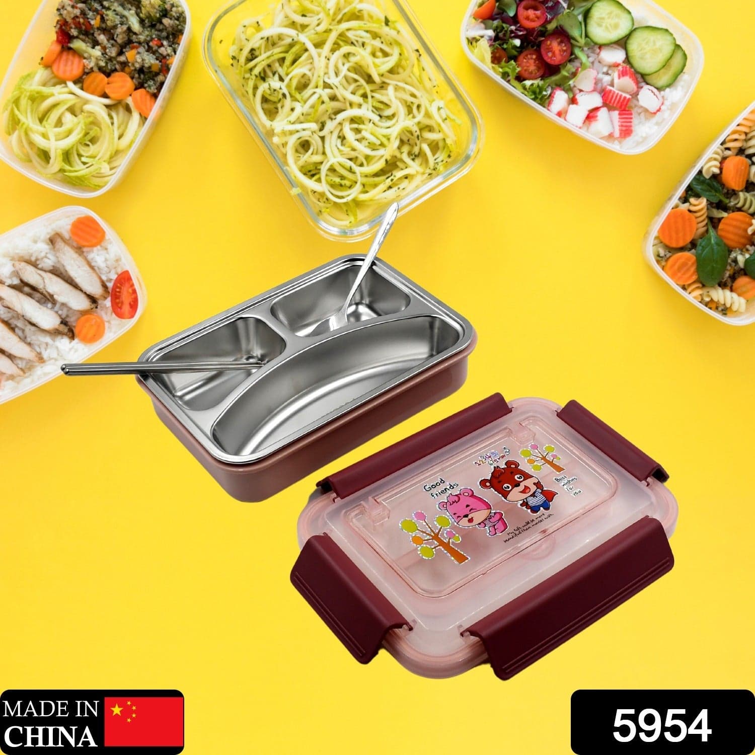 Food Safe Materials Kids Lunch Box With Steel Spoon & Chopsticks Compartment Is Designed Made Of 304 Stainless Steel Easy To Clean For School For Camping For Work For Home thumbnail 2