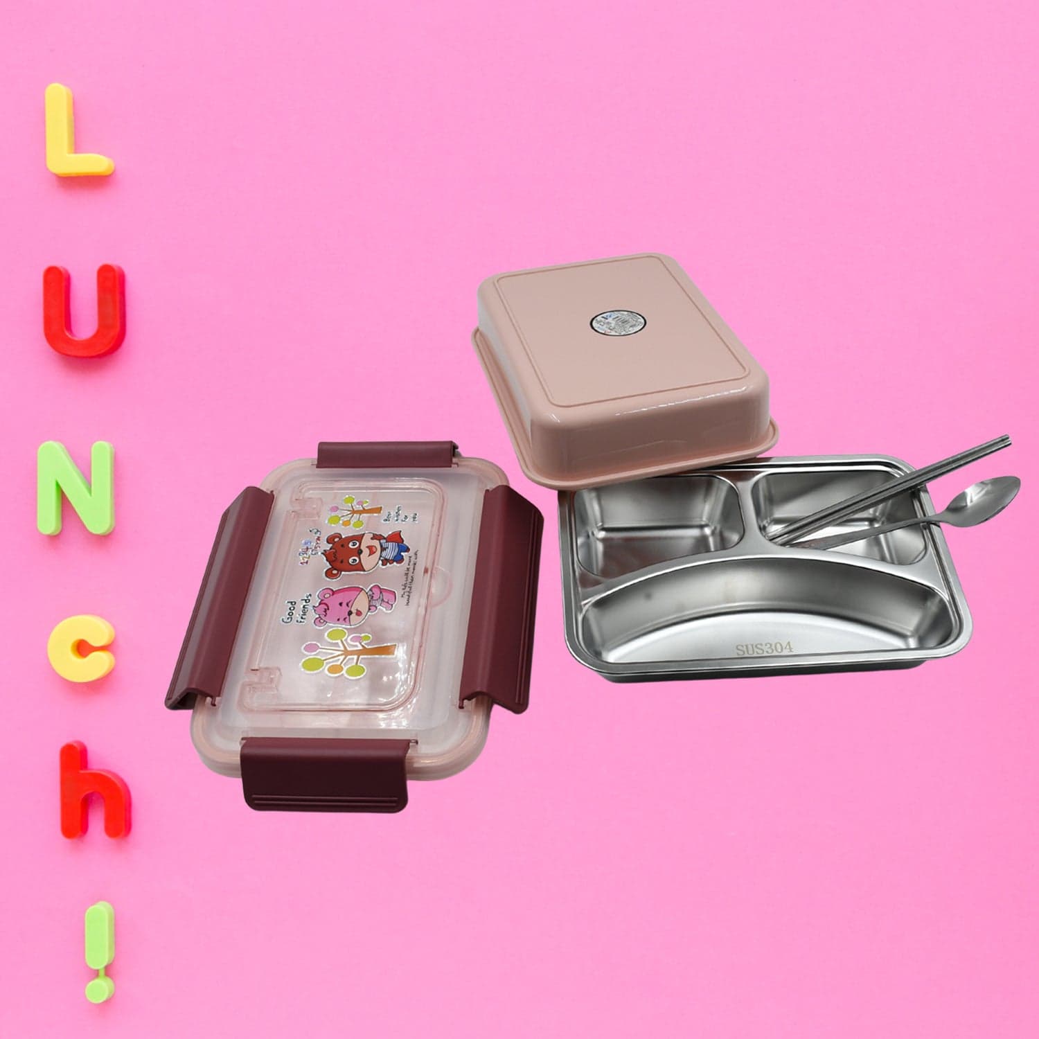 Food Safe Materials Kids Lunch Box With Steel Spoon & Chopsticks Compartment Is Designed Made Of 304 Stainless Steel Easy To Clean For School For Camping For Work For Home thumbnail 5