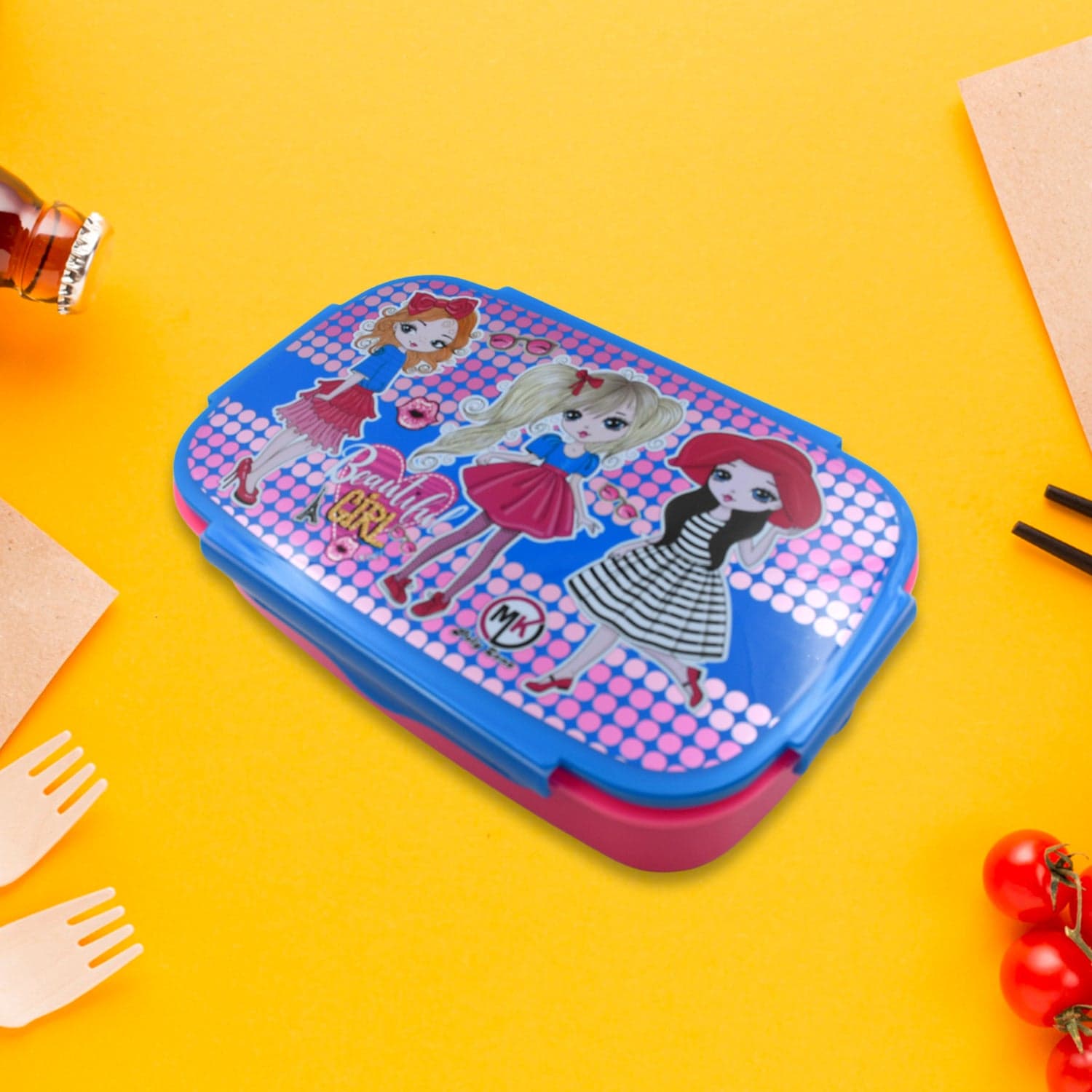 Cartoon Printed Plastic Lunch Box With Inside Small Box & Spoon For Kids thumbnail 1