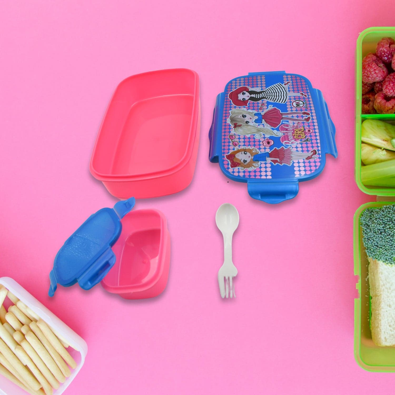 Cartoon Printed Plastic Lunch Box With Inside Small Box & Spoon For Kids thumbnail 3