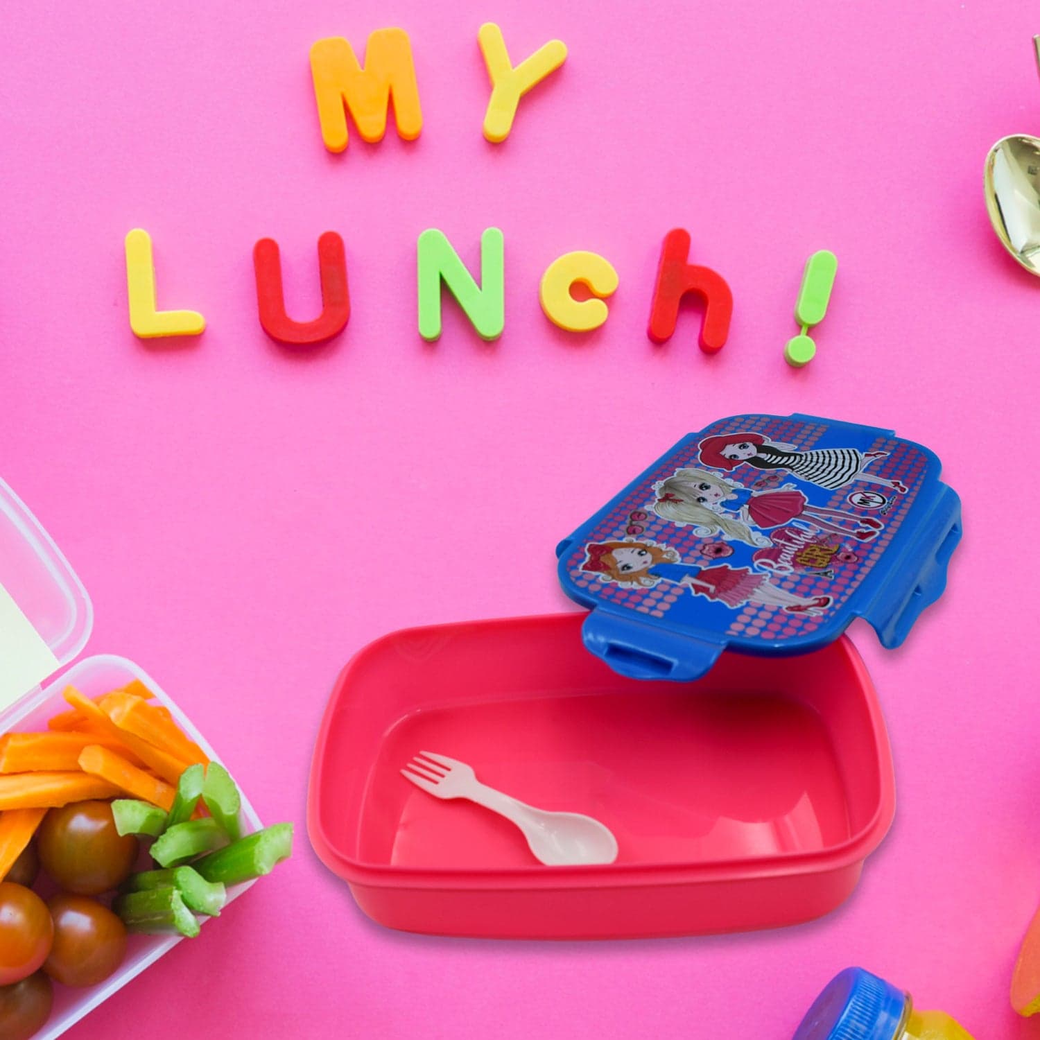 Cartoon Printed Plastic Lunch Box With Inside Small Box & Spoon For Kids thumbnail 5