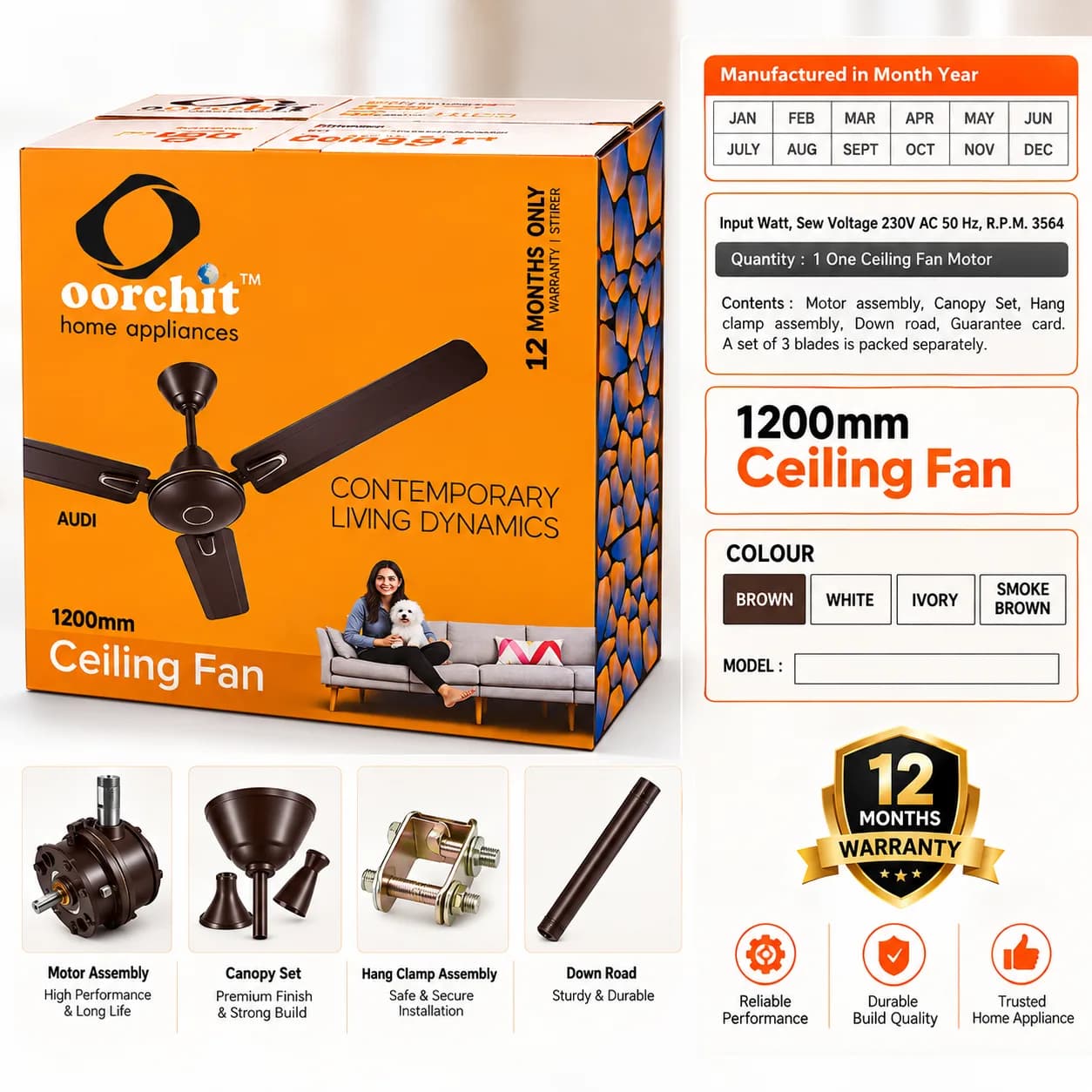 Dark Brown 1200 mm Three-Blade Ceiling Fan with Silver Accent Rings thumbnail 5