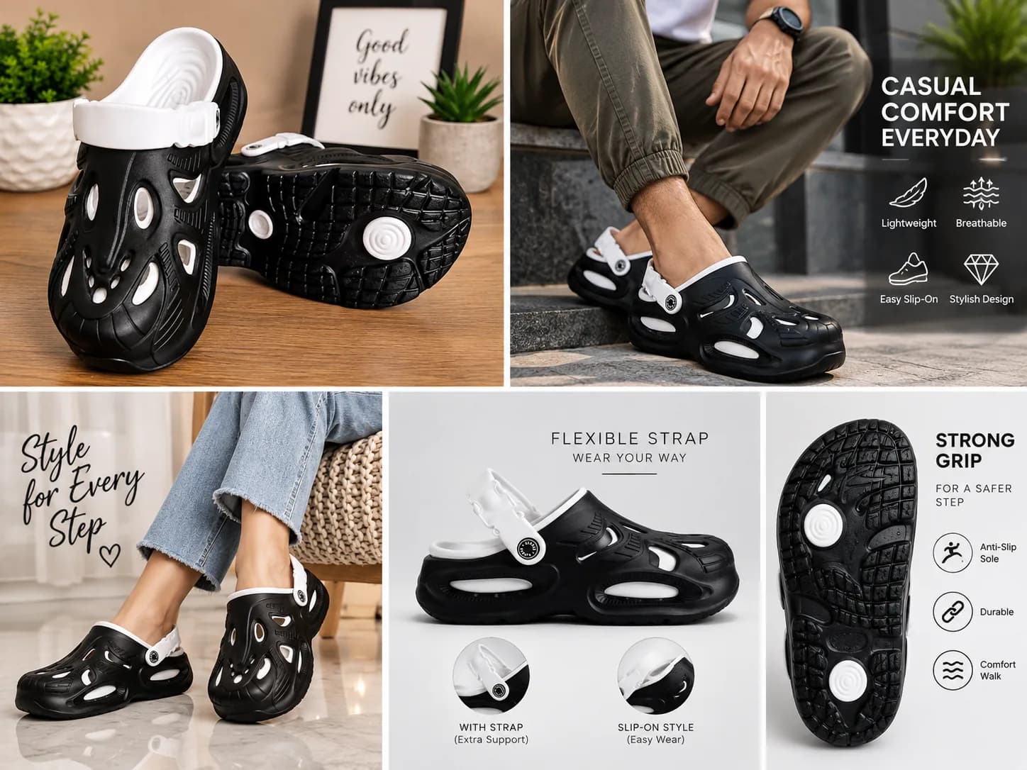 Men’s Black Closed-Toe Clogs with White Pivoting Heel Strap and Cut-Out Upper thumbnail 6