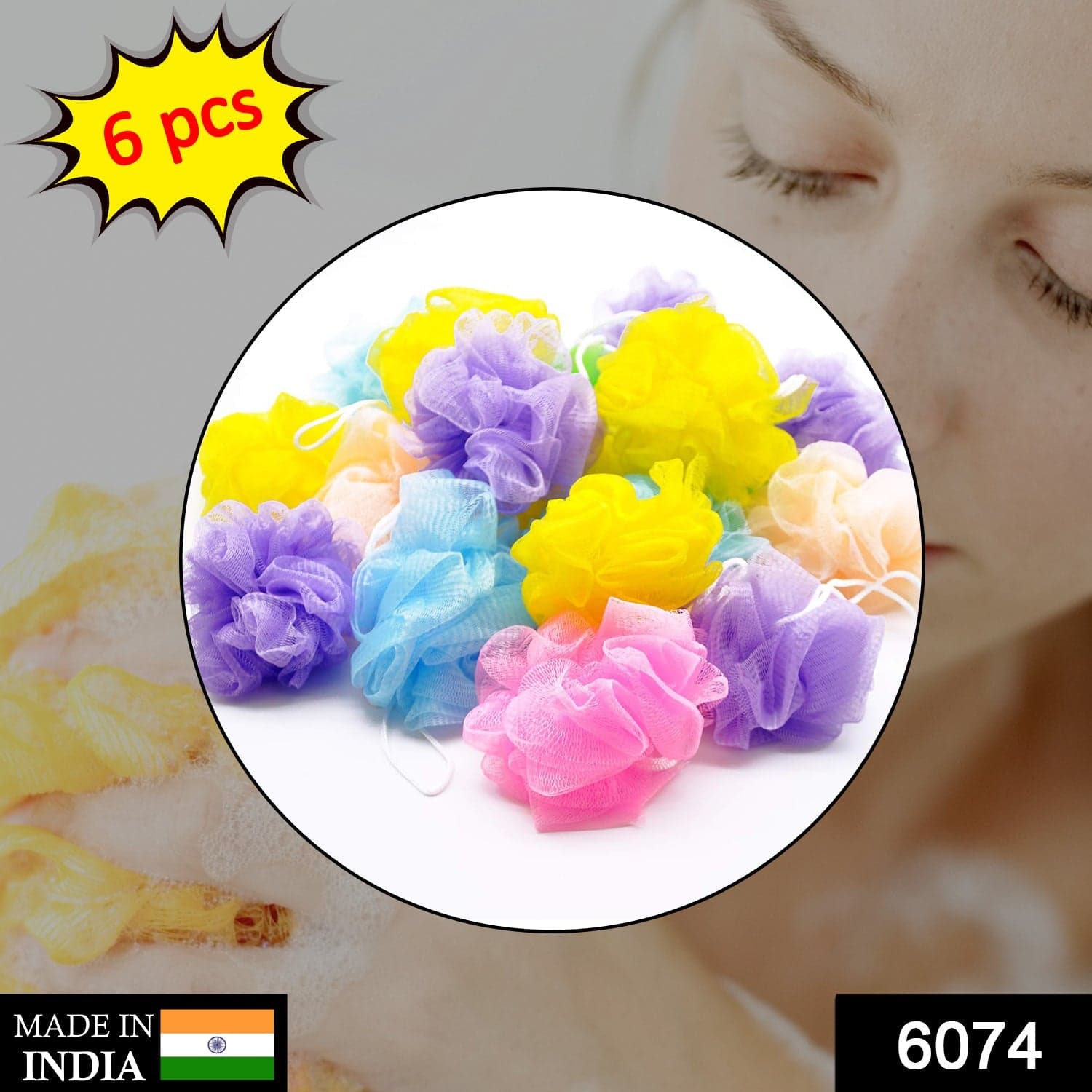 Bath Shower Loofah Sponge Pouf Body Scrubber (Pack of 6Pcs) thumbnail 2